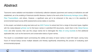 PD01 Avenues into integration: communicating taxonomic intelligence from sender to recipient 23 October 2020
Abstract
Taxo...
