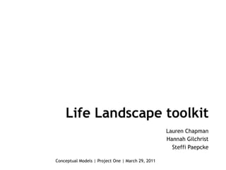 Life Landscape toolkit
                                                   Lauren Chapman
                                                   Hannah Gilchrist
                                                     Steffi Paepcke

Conceptual Models | Project One | March 29, 2011
 