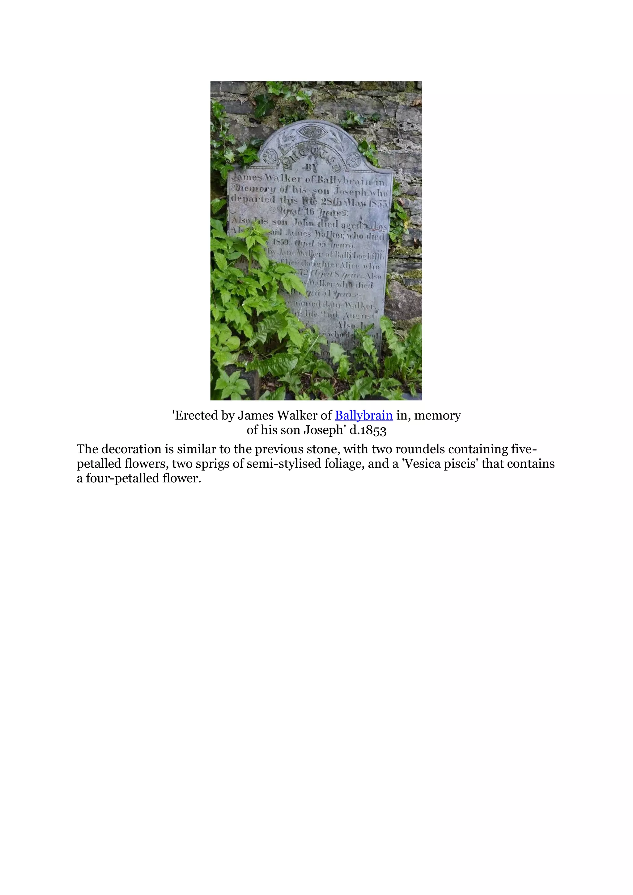 'Erected by James Walker of Ballybrain in, memory
of his son Joseph' d.1853
The decoration is similar to the previous stone, with two roundels containing five-
petalled flowers, two sprigs of semi-stylised foliage, and a 'Vesica piscis' that contains
a four-petalled flower.
 