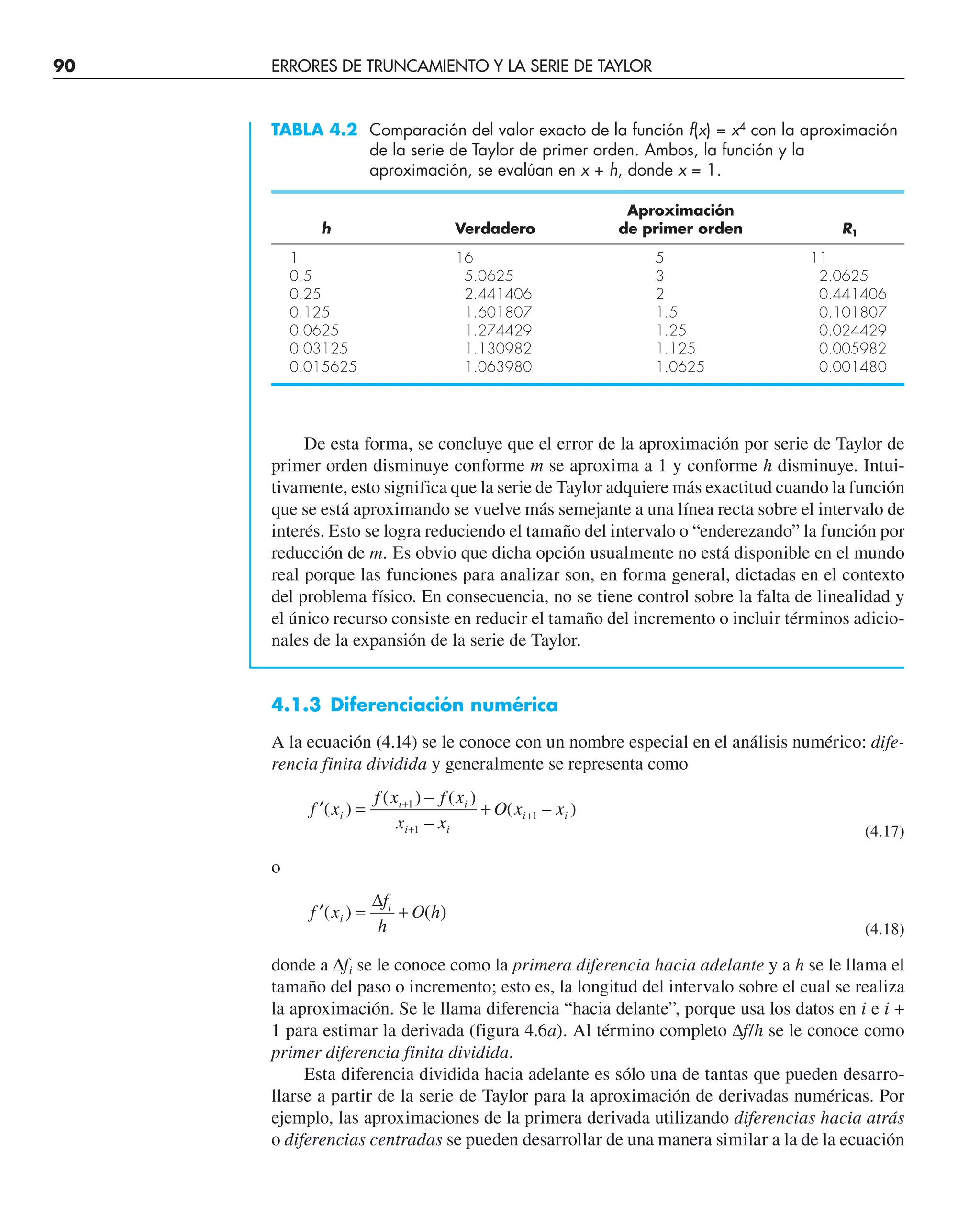 90 ERRORES DE TRUNCAMIENTO Y LA SERIE DE TAYLOR
TABLA 4.2 Comparación del valor exacto de la función f(x) = x4
con la aproximación
de la serie de Taylor de primer orden. Ambos, la función y la
aproximación, se evalúan en x + h, donde x = 1.
Aproximación
h Verdadero de primer orden R1
1 16 5 11
0.5 5.0625 3 2.0625
0.25 2.441406 2 0.441406
0.125 1.601807 1.5 0.101807
0.0625 1.274429 1.25 0.024429
0.03125 1.130982 1.125 0.005982
0.015625 1.063980 1.0625 0.001480
De esta forma, se concluye que el error de la aproximación por serie de Taylor de
primer orden disminuye conforme m se aproxima a 1 y conforme h disminuye. Intui-
tivamente, esto significa que la serie de Taylor adquiere más exactitud cuando la función
que se está aproximando se vuelve más semejante a una línea recta sobre el intervalo de
interés. Esto se logra reduciendo el tamaño del intervalo o “enderezando” la función por
reducción de m. Es obvio que dicha opción usualmente no está disponible en el mundo
real porque las funciones para analizar son, en forma general, dictadas en el contexto
del problema físico. En consecuencia, no se tiene control sobre la falta de linealidad y
el único recurso consiste en reducir el tamaño del incremento o incluir términos adicio-
nales de la expansión de la serie de Taylor.
4.1.3 Diferenciación numérica
A la ecuación (4.14) se le conoce con un nombre especial en el análisis numérico: dife-
rencia finita dividida y generalmente se representa como
′ = +
+
+
+
f x
f x f x
x x
O x x
i
i i
i i
i i
( )
( ) – ( )
–
( – )
1
1
1
(4.17)
o
′ = +
f x
f
h
O h
i
i
( ) ( )
∆
(4.18)
donde a ∆fi se le conoce como la primera diferencia hacia adelante y a h se le llama el
tamaño del paso o incremento; esto es, la longitud del intervalo sobre el cual se realiza
la aproximación. Se le llama diferencia “hacia delante”, porque usa los datos en i e i +
1 para estimar la derivada (figura 4.6a). Al término completo ∆f/h se le conoce como
primer diferencia finita dividida.
Esta diferencia dividida hacia adelante es sólo una de tantas que pueden desarro-
llarse a partir de la serie de Taylor para la aproximación de derivadas numéricas. Por
ejemplo, las aproximaciones de la primera derivada utilizando diferencias hacia atrás
o diferencias centradas se pueden desarrollar de una manera similar a la de la ecuación
 