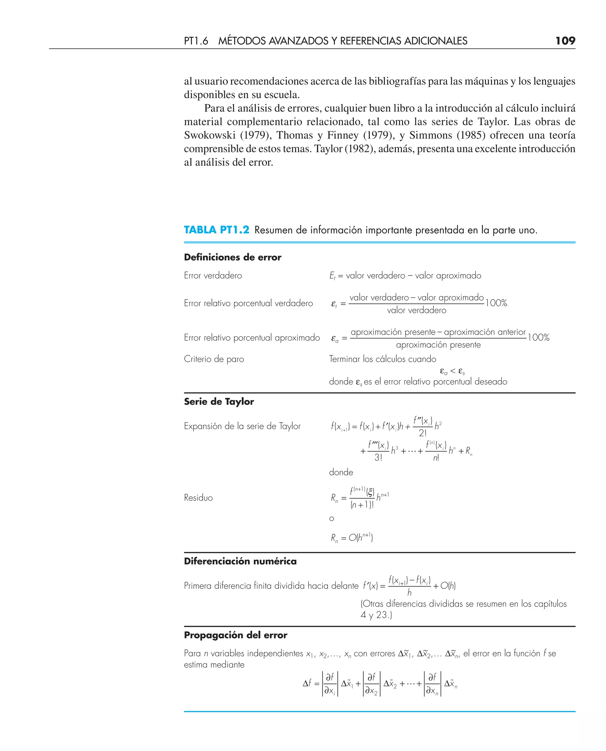 al usuario recomendaciones acerca de las bibliografías para las máquinas y los lenguajes
disponibles en su escuela.
Para el análisis de errores, cualquier buen libro a la introducción al cálculo incluirá
material complementario relacionado, tal como las series de Taylor. Las obras de
Swokowski (1979), Thomas y Finney (1979), y Simmons (1985) ofrecen una teoría
comprensible de estos temas. Taylor (1982), además, presenta una excelente introducción
al análisis del error.
TABLA PT1.2 Resumen de información importante presentada en la parte uno.
Definiciones de error
Error verdadero Et = valor verdadero – valor aproximado
Error relativo porcentual verdadero εt =
valor verdadero – valor aproximado
valor verdadero
100%
Error relativo porcentual aproximado εa =
aproximación presente – aproximación anterior
aproximación presente
100%
Criterio de paro Terminar los cálculos cuando
εa  εs
donde εs es el error relativo porcentual deseado
Serie de Taylor
Expansión de la serie de Taylor f x f x f x
f x
f x f x
n
i i i
i
i
n
i n
n
( ) = ( )+ ( )
( )
2!
( )
3!
( )
!
+1
2
3
( )
′
′′
+
′′′
+ + +
h + h
h h R

donde
Residuo R h
n =
f
n
n
n
( +1)
+1
( )
( +1)!
ξ
o
Rn = ( )
O hn+1
Diferenciación numérica
Primera diferencia finita dividida hacia delante ′ = +
+
f ( ) ( )
x
f x f x
h
O h
i i
( ) – ( )
1
(Otras diferencias divididas se resumen en los capítulos
4 y 23.)
Propagación del error
Para n variables independientes x1, x2,…, xn con errores ∆x
~
1, ∆x
~
2,… ∆x
~
n, el error en la función f se
estima mediante
∆ ∆ ∆ ∆
f = 1
2
2
∂
∂
+
∂
∂
+ +
∂
∂
f
x
x
f
x
x
f
x
x
i n
n
˜ ˜ ˜

PT1.6 MÉTODOS AVANZADOS Y REFERENCIAS ADICIONALES 109
 