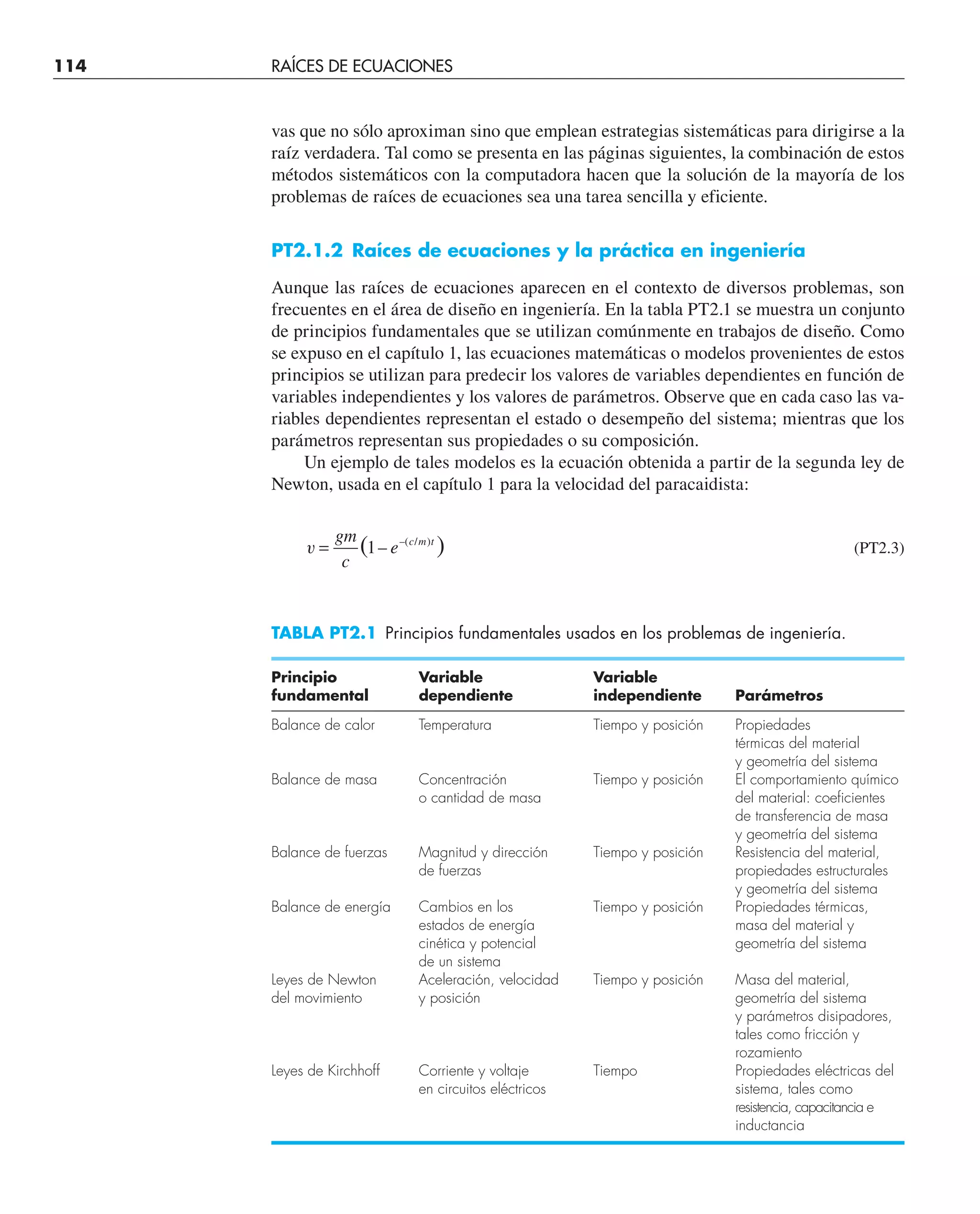 114 RAÍCES DE ECUACIONES
vas que no sólo aproximan sino que emplean estrategias sistemáticas para dirigirse a la
raíz verdadera. Tal como se presenta en las páginas siguientes, la combinación de estos
métodos sistemáticos con la computadora hacen que la solución de la mayoría de los
problemas de raíces de ecuaciones sea una tarea sencilla y eficiente.
PT2.1.2 Raíces de ecuaciones y la práctica en ingeniería
Aunque las raíces de ecuaciones aparecen en el contexto de diversos problemas, son
frecuentes en el área de diseño en ingeniería. En la tabla PT2.1 se muestra un conjunto
de principios fundamentales que se utilizan comúnmente en trabajos de diseño. Como
se expuso en el capítulo 1, las ecuaciones matemáticas o modelos provenientes de estos
principios se utilizan para predecir los valores de variables dependientes en función de
variables independientes y los valores de parámetros. Observe que en cada caso las va-
riables dependientes representan el estado o desempeño del sistema; mientras que los
parámetros representan sus propiedades o su composición.
Un ejemplo de tales modelos es la ecuación obtenida a partir de la segunda ley de
Newton, usada en el capítulo 1 para la velocidad del paracaidista:
v =
gm
c
e c m t
( )
– –( / )
1 (PT2.3)
TABLA PT2.1 Principios fundamentales usados en los problemas de ingeniería.
Principio Variable Variable
fundamental dependiente independiente Parámetros
Balance de calor Temperatura Tiempo y posición Propiedades
térmicas del material
y geometría del sistema
Balance de masa Concentración Tiempo y posición El comportamiento químico
o cantidad de masa del material: coeficientes
de transferencia de masa
y geometría del sistema
Balance de fuerzas Magnitud y dirección Tiempo y posición Resistencia del material,
de fuerzas propiedades estructurales
y geometría del sistema
Balance de energía Cambios en los Tiempo y posición Propiedades térmicas,
estados de energía masa del material y
cinética y potencial geometría del sistema
de un sistema
Leyes de Newton Aceleración, velocidad Tiempo y posición Masa del material,
del movimiento y posición geometría del sistema
y parámetros disipadores,
tales como fricción y
rozamiento
Leyes de Kirchhoff Corriente y voltaje Tiempo Propiedades eléctricas del
en circuitos eléctricos sistema, tales como
resistencia, capacitancia e
inductancia
 