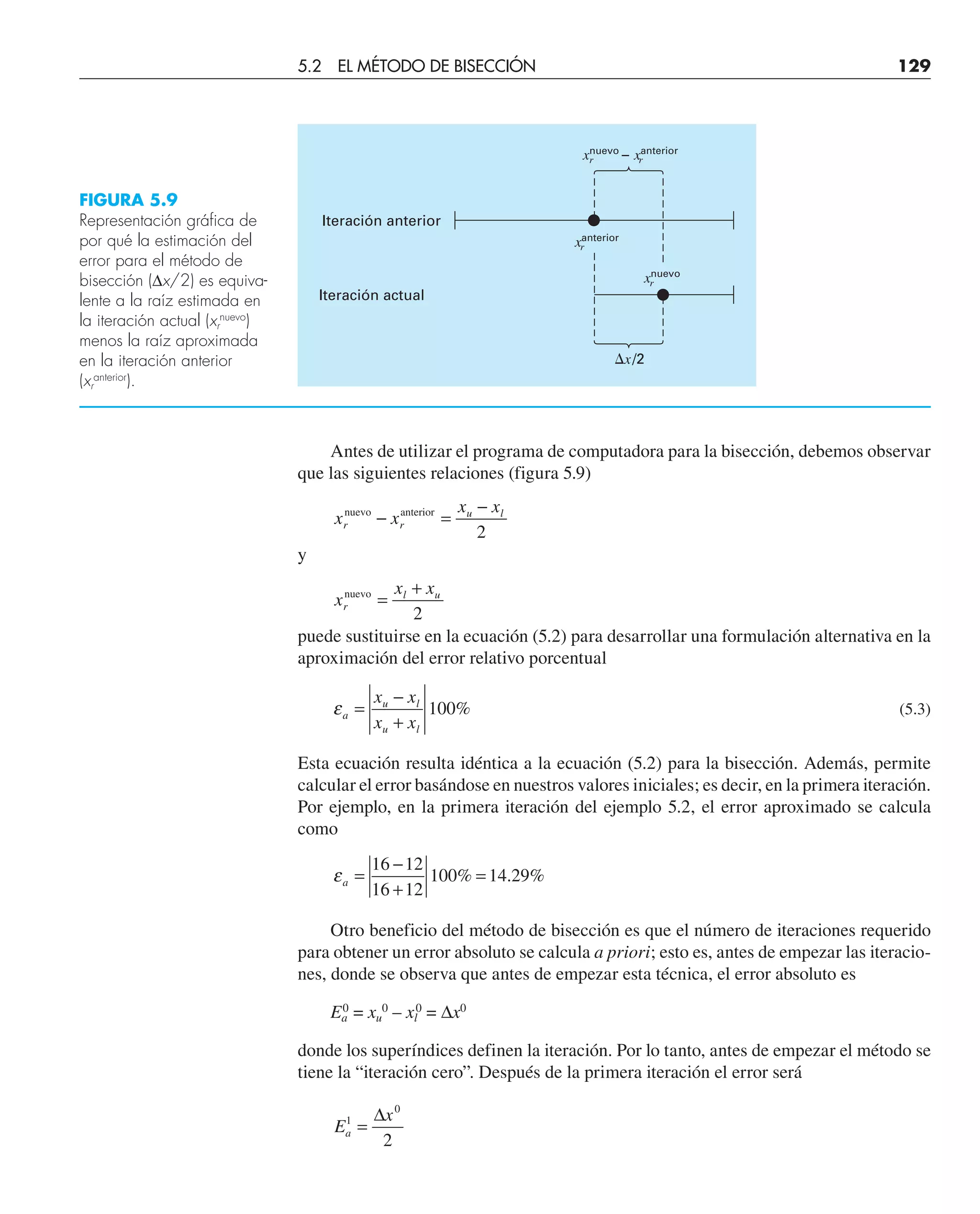 Antes de utilizar el programa de computadora para la bisección, debemos observar
que las siguientes relaciones (figura 5.9)
x x
x x
r r
u l
nuevo anterior
− =
−
2
y
x
x x
r
l u
nuevo
=
+
2
puede sustituirse en la ecuación (5.2) para desarrollar una formulación alternativa en la
aproximación del error relativo porcentual
εa
u l
u l
x x
x x
=
−
+
100% (5.3)
Esta ecuación resulta idéntica a la ecuación (5.2) para la bisección. Además, permite
calcular el error basándose en nuestros valores iniciales; es decir, en la primera iteración.
Por ejemplo, en la primera iteración del ejemplo 5.2, el error aproximado se calcula
como
εa =
−
+
=
16 12
16 12
100 14 29
% . %
Otro beneficio del método de bisección es que el número de iteraciones requerido
para obtener un error absoluto se calcula a priori; esto es, antes de empezar las iteracio-
nes, donde se observa que antes de empezar esta técnica, el error absoluto es
Ea
0
= xu
0
– xl
0
= ∆x0
donde los superíndices definen la iteración. Por lo tanto, antes de empezar el método se
tiene la “iteración cero”. Después de la primera iteración el error será
E
x
a
1
2
=
∆ 0
Iteración anterior
⌬x/2
xnuevo
r
xanterior
r
xnuevo
– xanterior
r r
Iteración actual
FIGURA 5.9
Representación gráfica de
por qué la estimación del
error para el método de
bisección (∆x/2) es equiva-
lente a la raíz estimada en
la iteración actual (xr
nuevo
)
menos la raíz aproximada
en la iteración anterior
(xr
anterior
).
5.2 EL MÉTODO DE BISECCIÓN 129
 