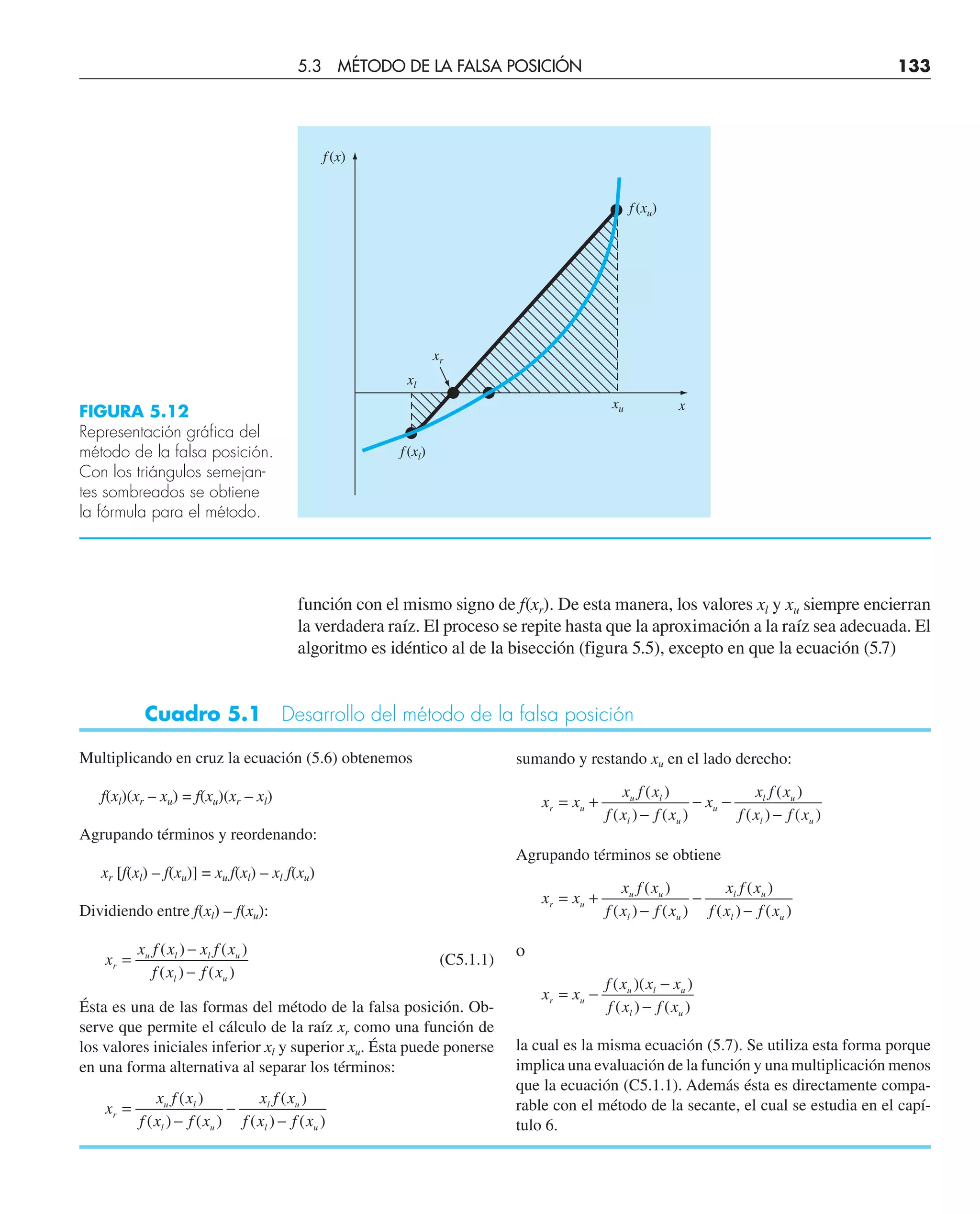 función con el mismo signo de f(xr). De esta manera, los valores xl y xu siempre encierran
la verdadera raíz. El proceso se repite hasta que la aproximación a la raíz sea adecuada. El
algoritmo es idéntico al de la bisección (figura 5.5), excepto en que la ecuación (5.7)
Cuadro 5.1 Desarrollo del método de la falsa posición
Multiplicando en cruz la ecuación (5.6) obtenemos
f(xl)(xr – xu) = f(xu)(xr – xl)
Agrupando términos y reordenando:
xr [f(xl) – f(xu)] = xu f(xl) – xl f(xu)
Dividiendo entre f(xl) – f(xu):
x
x f x x f x
f x f x
r
u l l u
l u
=
−
−
( ) ( )
( ) ( )
(C5.1.1)
Ésta es una de las formas del método de la falsa posición. Ob-
serve que permite el cálculo de la raíz xr como una función de
los valores iniciales inferior xl y superior xu. Ésta puede ponerse
en una forma alternativa al separar los términos:
x
x f x
f x f x
x f x
f x f x
r
u l
l u
l u
l u
=
−
−
−
( )
( ) ( )
( )
( ) ( )
5.3 MÉTODO DE LA FALSA POSICIÓN 133
x
f(x)
f(xl)
f(xu)
xu
xl
xr
FIGURA 5.12
Representación gráfica del
método de la falsa posición.
Con los triángulos semejan-
tes sombreados se obtiene
la fórmula para el método.
sumando y restando xu en el lado derecho:
x x
x f x
f x f x
x
x f x
f x f x
r u
u l
l u
u
l u
l u
= +
−
− −
−
( )
( ) ( )
( )
( ) ( )
Agrupando términos se obtiene
x x
x f x
f x f x
x f x
f x f x
r u
u u
l u
l u
l u
= +
−
−
−
( )
( ) ( )
( )
( ) ( )
o
x x
f x x x
f x f x
r u
u l u
l u
= −
−
−
( )( )
( ) ( )
la cual es la misma ecuación (5.7). Se utiliza esta forma porque
implica una evaluación de la función y una multiplicación menos
que la ecuación (C5.1.1). Además ésta es directamente compa-
rable con el método de la secante, el cual se estudia en el capí-
tulo 6.
 