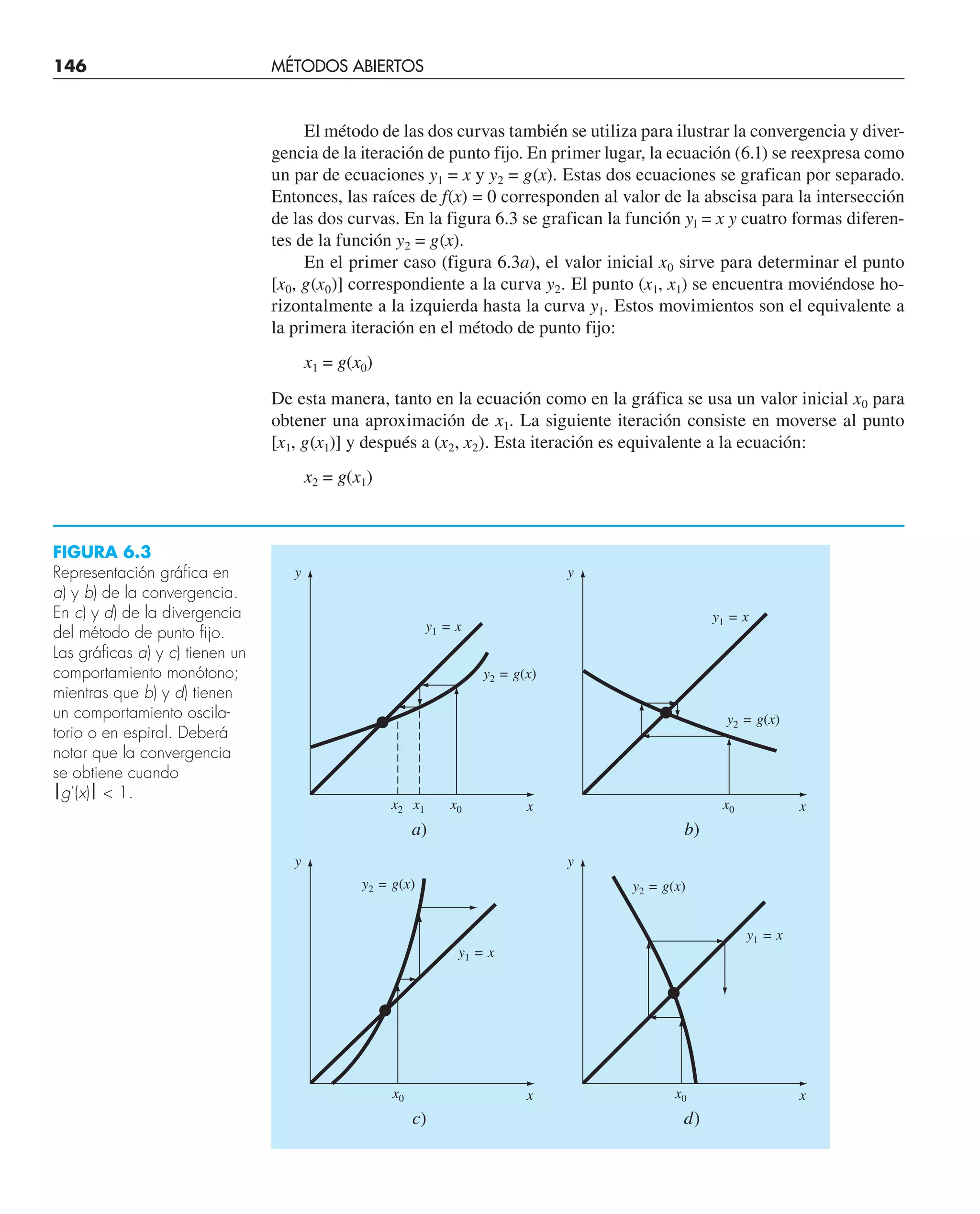 146 MÉTODOS ABIERTOS
El método de las dos curvas también se utiliza para ilustrar la convergencia y diver-
gencia de la iteración de punto fijo. En primer lugar, la ecuación (6.1) se reexpresa como
un par de ecuaciones y1 = x y y2 = g(x). Estas dos ecuaciones se grafican por separado.
Entonces, las raíces de f(x) = 0 corresponden al valor de la abscisa para la intersección
de las dos curvas. En la figura 6.3 se grafican la función yl = x y cuatro formas diferen-
tes de la función y2 = g(x).
En el primer caso (figura 6.3a), el valor inicial x0 sirve para determinar el punto
[x0, g(x0)] correspondiente a la curva y2. El punto (x1, x1) se encuentra moviéndose ho-
rizontalmente a la izquierda hasta la curva y1. Estos movimientos son el equivalente a
la primera iteración en el método de punto fijo:
x1 = g(x0)
De esta manera, tanto en la ecuación como en la gráfica se usa un valor inicial x0 para
obtener una aproximación de x1. La siguiente iteración consiste en moverse al punto
[x1, g(x1)] y después a (x2, x2). Esta iteración es equivalente a la ecuación:
x2 = g(x1)
FIGURA 6.3
Representación gráfica en
a) y b) de la convergencia.
En c) y d) de la divergencia
del método de punto fijo.
Las gráficas a) y c) tienen un
comportamiento monótono;
mientras que b) y d) tienen
un comportamiento oscila-
torio o en espiral. Deberá
notar que la convergencia
se obtiene cuando
⎪g’(x)⎪  1.
x
x1
y1 = x
y2 = g(x)
x2 x0
y
a)
x
y1 = x
y2 = g(x)
x0
y
b)
x
y1 = x
y2 = g(x)
x0
y
c)
x
y1 = x
y2 = g(x)
x0
y
d)
 