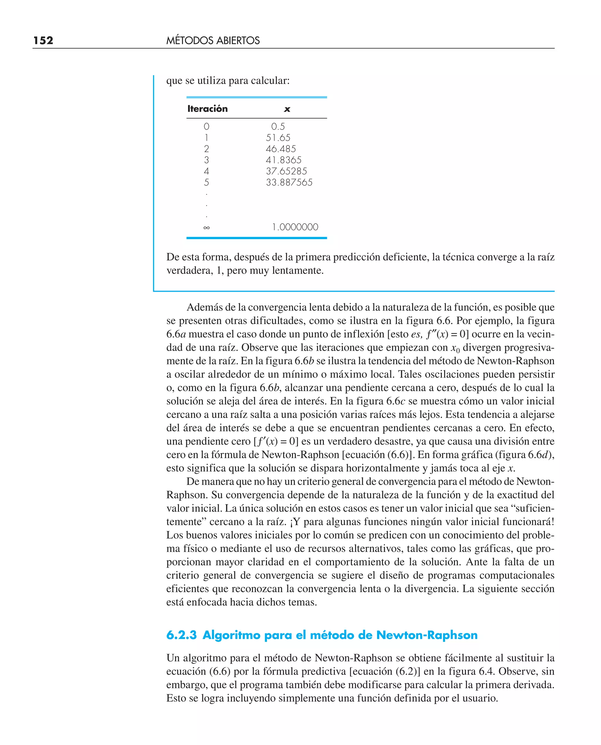 152 MÉTODOS ABIERTOS
que se utiliza para calcular:
Iteración x
0 0.5
1 51.65
2 46.485
3 41.8365
4 37.65285
5 33.887565
·
·
·
∞ 1.0000000
De esta forma, después de la primera predicción deficiente, la técnica converge a la raíz
verdadera, 1, pero muy lentamente.
Además de la convergencia lenta debido a la naturaleza de la función, es posible que
se presenten otras dificultades, como se ilustra en la figura 6.6. Por ejemplo, la figura
6.6a muestra el caso donde un punto de inflexión [esto es, ƒ″(x) = 0] ocurre en la vecin-
dad de una raíz. Observe que las iteraciones que empiezan con x0 divergen progresiva-
mente de la raíz. En la figura 6.6b se ilustra la tendencia del método de Newton-Raphson
a oscilar alrededor de un mínimo o máximo local. Tales oscilaciones pueden persistir
o, como en la figura 6.6b, alcanzar una pendiente cercana a cero, después de lo cual la
solución se aleja del área de interés. En la figura 6.6c se muestra cómo un valor inicial
cercano a una raíz salta a una posición varias raíces más lejos. Esta tendencia a alejarse
del área de interés se debe a que se encuentran pendientes cercanas a cero. En efecto,
una pendiente cero [ƒ′(x) = 0] es un verdadero desastre, ya que causa una división entre
cero en la fórmula de Newton-Raphson [ecuación (6.6)]. En forma gráfica (figura 6.6d),
esto significa que la solución se dispara horizontalmente y jamás toca al eje x.
De manera que no hay un criterio general de convergencia para el método de Newton-
Raphson. Su convergencia depende de la naturaleza de la función y de la exactitud del
valor inicial. La única solución en estos casos es tener un valor inicial que sea “suficien-
temente” cercano a la raíz. ¡Y para algunas funciones ningún valor inicial funcionará!
Los buenos valores iniciales por lo común se predicen con un conocimiento del proble-
ma físico o mediante el uso de recursos alternativos, tales como las gráficas, que pro-
porcionan mayor claridad en el comportamiento de la solución. Ante la falta de un
criterio general de convergencia se sugiere el diseño de programas computacionales
eficientes que reconozcan la convergencia lenta o la divergencia. La siguiente sección
está enfocada hacia dichos temas.
6.2.3 Algoritmo para el método de Newton-Raphson
Un algoritmo para el método de Newton-Raphson se obtiene fácilmente al sustituir la
ecuación (6.6) por la fórmula predictiva [ecuación (6.2)] en la figura 6.4. Observe, sin
embargo, que el programa también debe modificarse para calcular la primera derivada.
Esto se logra incluyendo simplemente una función definida por el usuario.
 