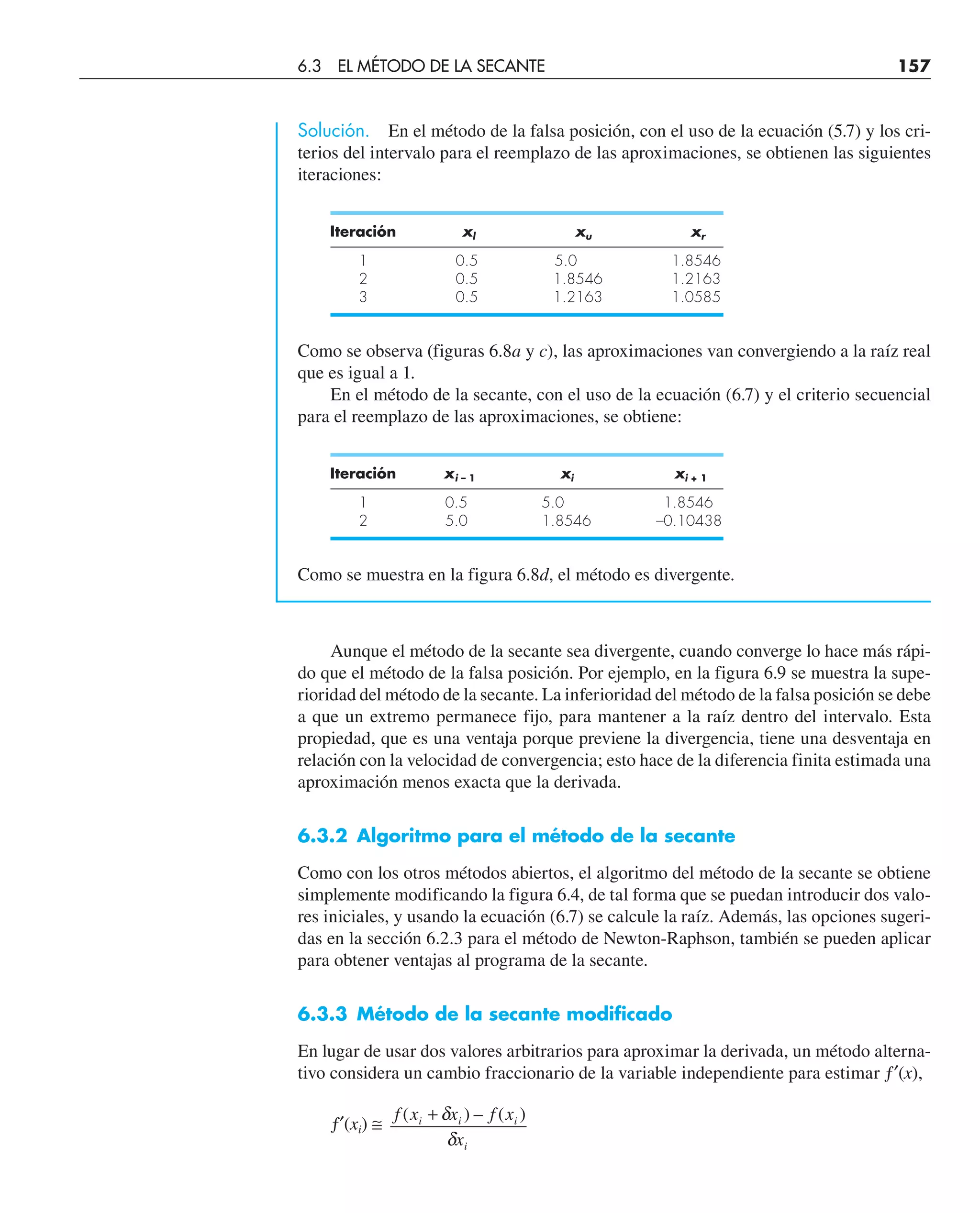 Solución. En el método de la falsa posición, con el uso de la ecuación (5.7) y los cri-
terios del intervalo para el reemplazo de las aproximaciones, se obtienen las siguientes
iteraciones:
Iteración xl xu xr
1 0.5 5.0 1.8546
2 0.5 1.8546 1.2163
3 0.5 1.2163 1.0585
Como se observa (figuras 6.8a y c), las aproximaciones van convergiendo a la raíz real
que es igual a 1.
En el método de la secante, con el uso de la ecuación (6.7) y el criterio secuencial
para el reemplazo de las aproximaciones, se obtiene:
Iteración xi – 1 xi xi + 1
1 0.5 5.0 1.8546
2 5.0 1.8546 –0.10438
Como se muestra en la figura 6.8d, el método es divergente.
Aunque el método de la secante sea divergente, cuando converge lo hace más rápi-
do que el método de la falsa posición. Por ejemplo, en la figura 6.9 se muestra la supe-
rioridad del método de la secante. La inferioridad del método de la falsa posición se debe
a que un extremo permanece fijo, para mantener a la raíz dentro del intervalo. Esta
propiedad, que es una ventaja porque previene la divergencia, tiene una desventaja en
relación con la velocidad de convergencia; esto hace de la diferencia finita estimada una
aproximación menos exacta que la derivada.
6.3.2 Algoritmo para el método de la secante
Como con los otros métodos abiertos, el algoritmo del método de la secante se obtiene
simplemente modificando la figura 6.4, de tal forma que se puedan introducir dos valo-
res iniciales, y usando la ecuación (6.7) se calcule la raíz. Además, las opciones sugeri-
das en la sección 6.2.3 para el método de Newton-Raphson, también se pueden aplicar
para obtener ventajas al programa de la secante.
6.3.3 Método de la secante modificado
En lugar de usar dos valores arbitrarios para aproximar la derivada, un método alterna-
tivo considera un cambio fraccionario de la variable independiente para estimar ƒ′(x),
ƒ′(xi) ≅
f x x f x
x
i i i
i
( ) – ( )
+ δ
δ
6.3 EL MÉTODO DE LA SECANTE 157
 