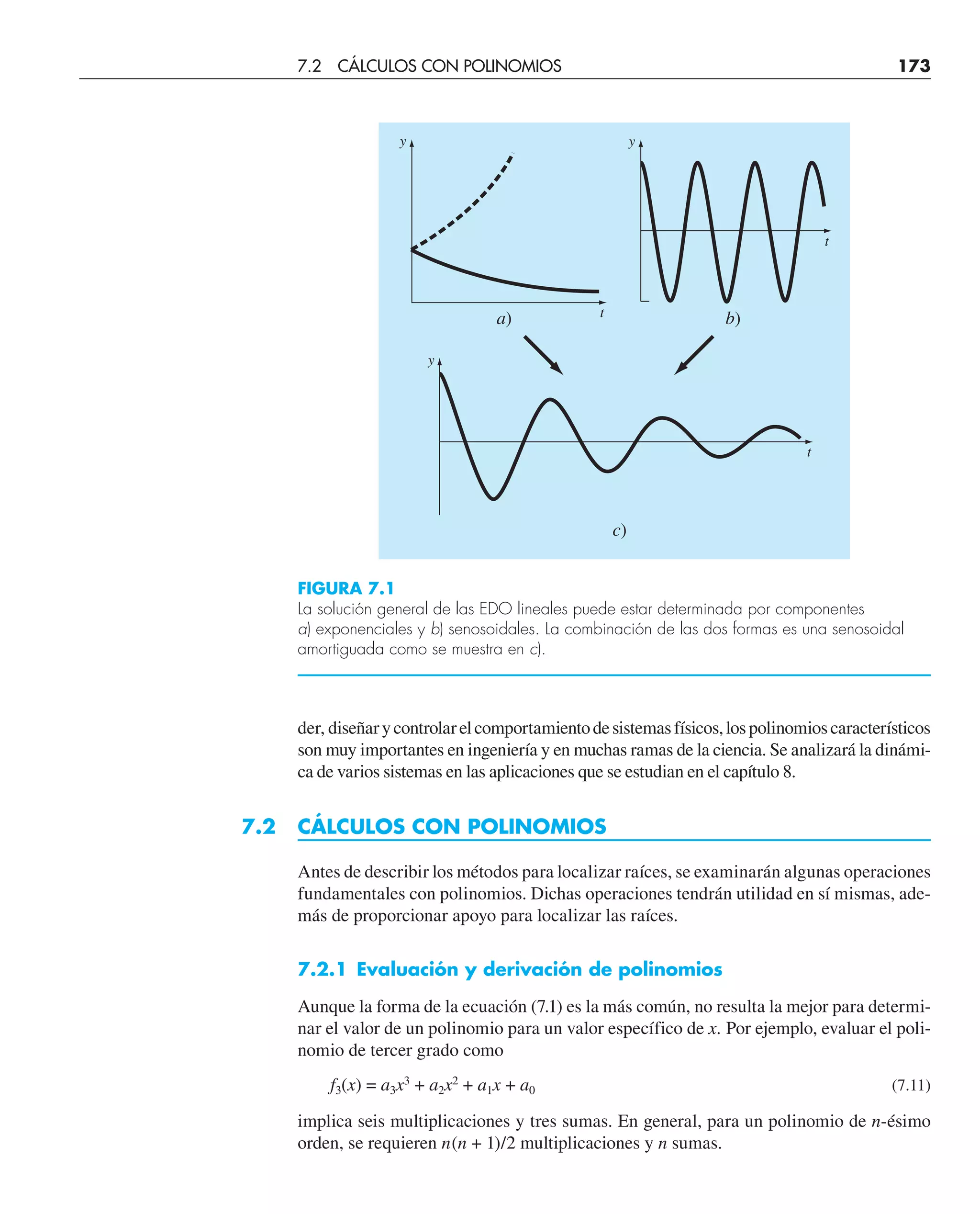 der, diseñarycontrolarelcomportamientodesistemasfísicos,lospolinomioscaracterísticos
son muy importantes en ingeniería y en muchas ramas de la ciencia. Se analizará la dinámi-
ca de varios sistemas en las aplicaciones que se estudian en el capítulo 8.
7.2 CÁLCULOS CON POLINOMIOS
Antes de describir los métodos para localizar raíces, se examinarán algunas operaciones
fundamentales con polinomios. Dichas operaciones tendrán utilidad en sí mismas, ade-
más de proporcionar apoyo para localizar las raíces.
7.2.1 Evaluación y derivación de polinomios
Aunque la forma de la ecuación (7.1) es la más común, no resulta la mejor para determi-
nar el valor de un polinomio para un valor específico de x. Por ejemplo, evaluar el poli-
nomio de tercer grado como
f3(x) = a3x3
+ a2x2
+ a1x + a0 (7.11)
implica seis multiplicaciones y tres sumas. En general, para un polinomio de n-ésimo
orden, se requieren n(n + 1)/2 multiplicaciones y n sumas.
y
t
a) b)
y
t
c)
y
t
FIGURA 7.1
La solución general de las EDO lineales puede estar determinada por componentes
a) exponenciales y b) senosoidales. La combinación de las dos formas es una senosoidal
amortiguada como se muestra en c).
7.2 CÁLCULOS CON POLINOMIOS 173
 