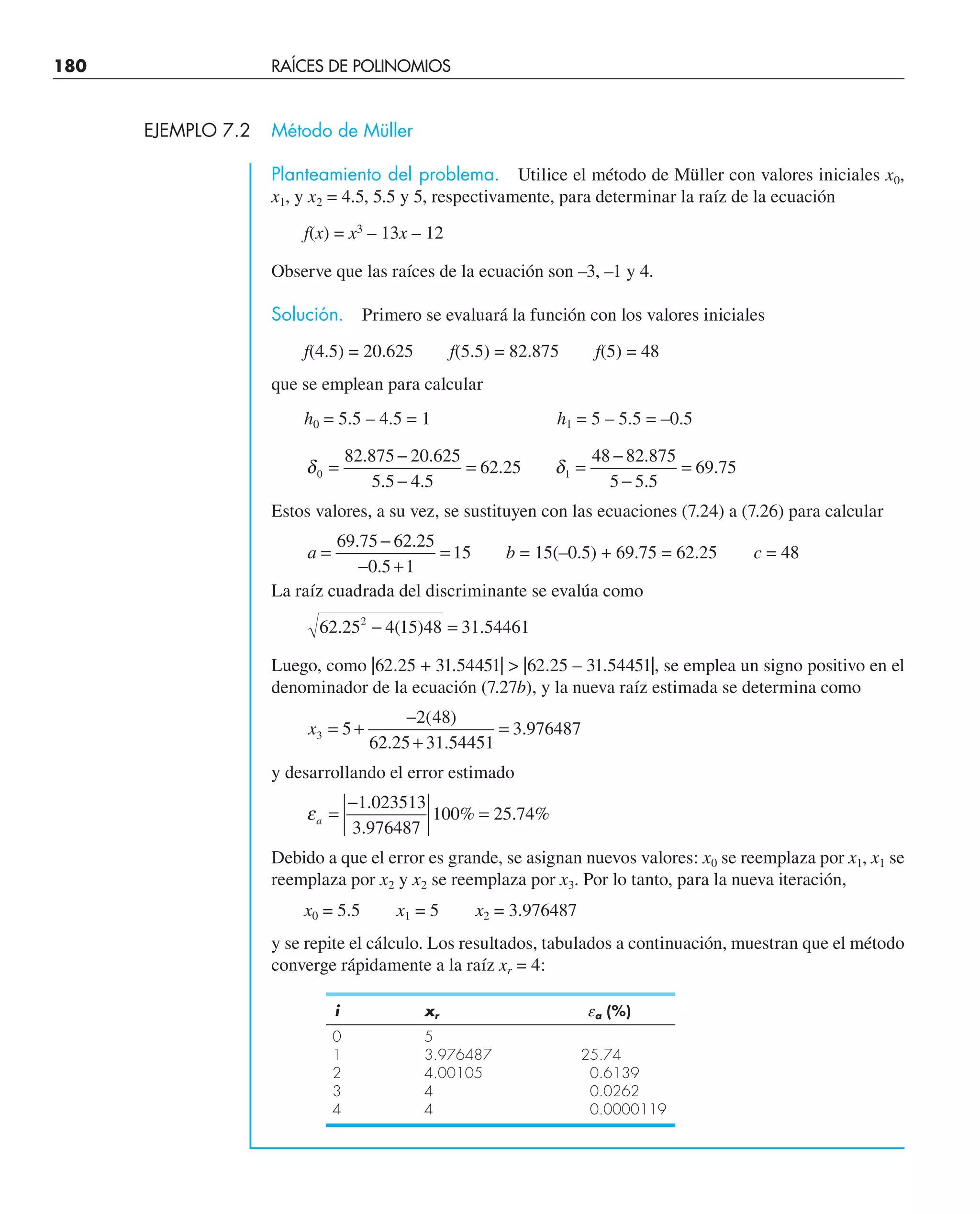 180 RAÍCES DE POLINOMIOS
EJEMPLO 7.2 Método de Müller
Planteamiento del problema. Utilice el método de Müller con valores iniciales x0,
x1, y x2 = 4.5, 5.5 y 5, respectivamente, para determinar la raíz de la ecuación
f(x) = x3
– 13x – 12
Observe que las raíces de la ecuación son –3, –1 y 4.
Solución. Primero se evaluará la función con los valores iniciales
f(4.5) = 20.625 f(5.5) = 82.875 f(5) = 48
que se emplean para calcular
h0 = 5.5 – 4.5 = 1 h1 = 5 – 5.5 = –0.5
δ δ
0 1
82 875 20 625
5 5 4 5
62 25
48 82 875
5 5 5
69 75
=
−
−
= =
−
−
=
. .
. .
.
.
.
.
Estos valores, a su vez, se sustituyen con las ecuaciones (7.24) a (7.26) para calcular
a =
−
− +
=
69 75 62 25
0 5 1
15
. .
.
b = 15(–0.5) + 69.75 = 62.25 c = 48
La raíz cuadrada del discriminante se evalúa como
62 25 4 15 48 31 54461
2
. ( ) .
− =
Luego, como |62.25 + 31.54451|  |62.25 – 31.54451|, se emplea un signo positivo en el
denominador de la ecuación (7.27b), y la nueva raíz estimada se determina como
x3 5
2 48
62 25 31 54451
3 976487
= +
−
+
=
( )
. .
.
y desarrollando el error estimado
εa =
−
=
1 023513
3 976487
100 25 74
.
.
% . %
Debido a que el error es grande, se asignan nuevos valores: x0 se reemplaza por x1, x1 se
reemplaza por x2 y x2 se reemplaza por x3. Por lo tanto, para la nueva iteración,
x0 = 5.5 x1 = 5 x2 = 3.976487
y se repite el cálculo. Los resultados, tabulados a continuación, muestran que el método
converge rápidamente a la raíz xr = 4:
i xr ea (%)
0 5
1 3.976487 25.74
2 4.00105 0.6139
3 4 0.0262
4 4 0.0000119
 