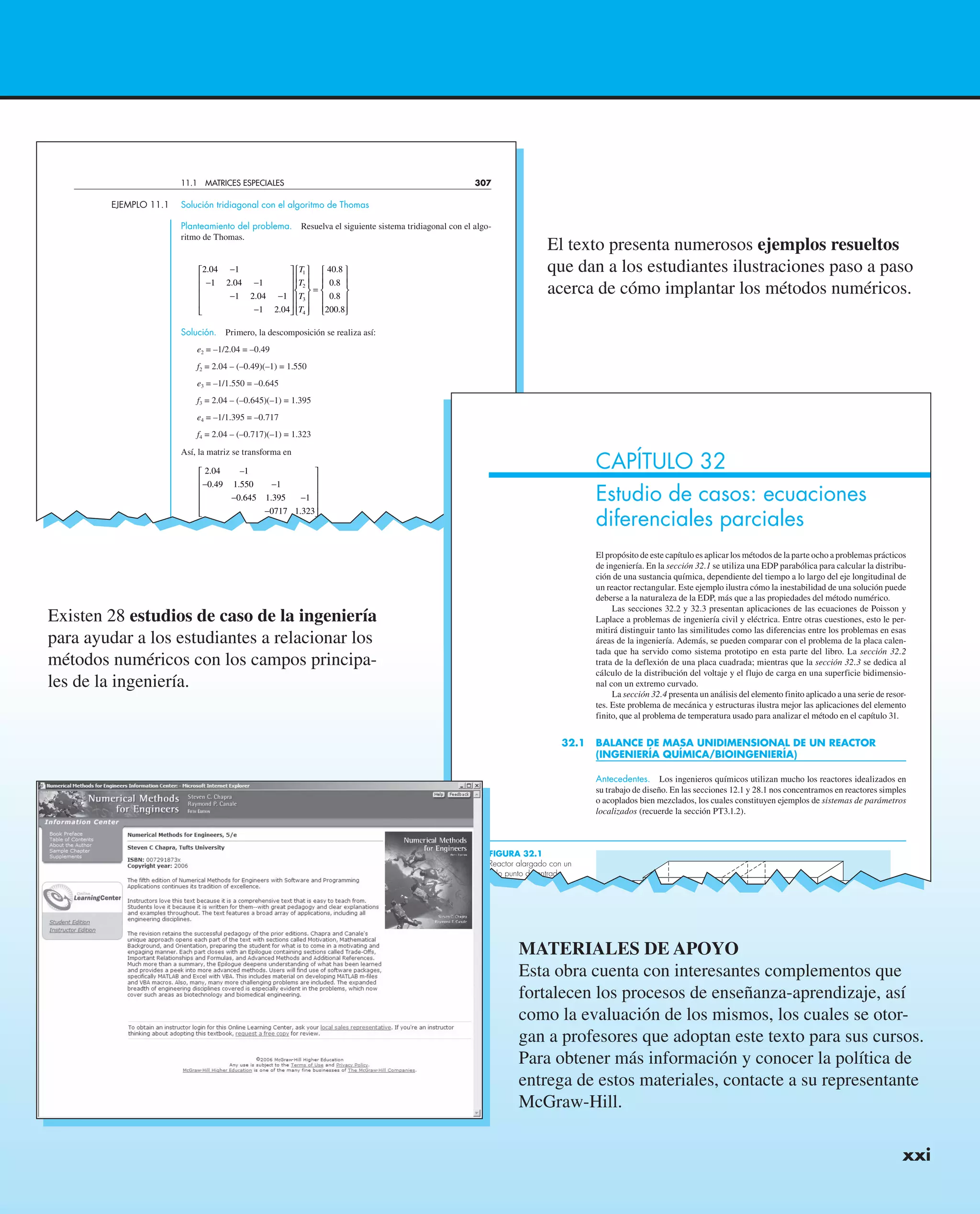 xxi
El texto presenta numerosos ejemplos resueltos
que dan a los estudiantes ilustraciones paso a paso
acerca de cómo implantar los métodos numéricos.
Existen 28 estudios de caso de la ingeniería
para ayudar a los estudiantes a relacionar los
métodos numéricos con los campos principa-
les de la ingeniería.
MATERIALES DE APOYO
Esta obra cuenta con interesantes complementos que
fortalecen los procesos de enseñanza-aprendizaje, así
como la evaluación de los mismos, los cuales se otor-
gan a profesores que adoptan este texto para sus cursos.
Para obtener más información y conocer la política de
entrega de estos materiales, contacte a su representante
McGraw-Hill.
EJEMPLO 11.1 Solución tridiagonal con el algoritmo de Thomas
Planteamiento del problema. Resuelva el siguiente sistema tridiagonal con el algo-
ritmo de Thomas.
2 04
1
1
2 04
1
1
2 04
1
1
2 04
40 8
0 8
0 8
200 8
1
2
3
4
.
.
.
.
.
.
.
.
−
−
−
−
−
−
⎡
⎣
⎢
⎢
⎢
⎢
⎤
⎦
⎥
⎥
⎥
⎥
⎧
⎨
⎪
⎪
⎩
⎪
⎪
⎫
⎬
⎪
⎪
⎭
⎪
⎪
=
⎧
⎨
⎪
⎪
⎩
⎪
⎪
⎫
⎬
⎪
⎪
⎭
⎪
⎪
T
T
T
T
Solución. Primero, la descomposición se realiza así:
e2 = –1/2.04 = –0.49
f2 = 2.04 – (–0.49)(–1) = 1.550
e3 = –1/1.550 = –0.645
f3 = 2.04 – (–0.645)(–1) = 1.395
e4 = –1/1.395 = –0.717
f4 = 2.04 – (–0.717)(–1) = 1.323
Así, la matriz se transforma en
2 04
0 49
1
1 550
0 645
1
1 395
0717
1
1 323
.
.
–
.
. .
.
−
−
−
−
−
⎡
⎣
⎢
⎢
⎢
⎢
⎤
⎦
⎥
⎥
⎥
⎥
11.1 MATRICES ESPECIALES 307
CAPÍTULO 32
Estudio de casos: ecuaciones
diferenciales parciales
El propósito de este capítulo es aplicar los métodos de la parte ocho a problemas prácticos
de ingeniería. En la sección 32.1 se utiliza una EDP parabólica para calcular la distribu-
ción de una sustancia química, dependiente del tiempo a lo largo del eje longitudinal de
un reactor rectangular. Este ejemplo ilustra cómo la inestabilidad de una solución puede
deberse a la naturaleza de la EDP, más que a las propiedades del método numérico.
Las secciones 32.2 y 32.3 presentan aplicaciones de las ecuaciones de Poisson y
Laplace a problemas de ingeniería civil y eléctrica. Entre otras cuestiones, esto le per-
mitirá distinguir tanto las similitudes como las diferencias entre los problemas en esas
áreas de la ingeniería. Además, se pueden comparar con el problema de la placa calen-
tada que ha servido como sistema prototipo en esta parte del libro. La sección 32.2
trata de la deflexión de una placa cuadrada; mientras que la sección 32.3 se dedica al
cálculo de la distribución del voltaje y el flujo de carga en una superficie bidimensio-
nal con un extremo curvado.
La sección 32.4 presenta un análisis del elemento finito aplicado a una serie de resor-
tes. Este problema de mecánica y estructuras ilustra mejor las aplicaciones del elemento
finito, que al problema de temperatura usado para analizar el método en el capítulo 31.
32.1 BALANCE DE MASA UNIDIMENSIONAL DE UN REACTOR
(INGENIERÍA QUÍMICA/BIOINGENIERÍA)
Antecedentes. Los ingenieros químicos utilizan mucho los reactores idealizados en
su trabajo de diseño. En las secciones 12.1 y 28.1 nos concentramos en reactores simples
o acoplados bien mezclados, los cuales constituyen ejemplos de sistemas de parámetros
localizados (recuerde la sección PT3.1.2).
FIGURA 32.1
Reactor alargado con un
solo punto de entrada
y salida Un balance
 