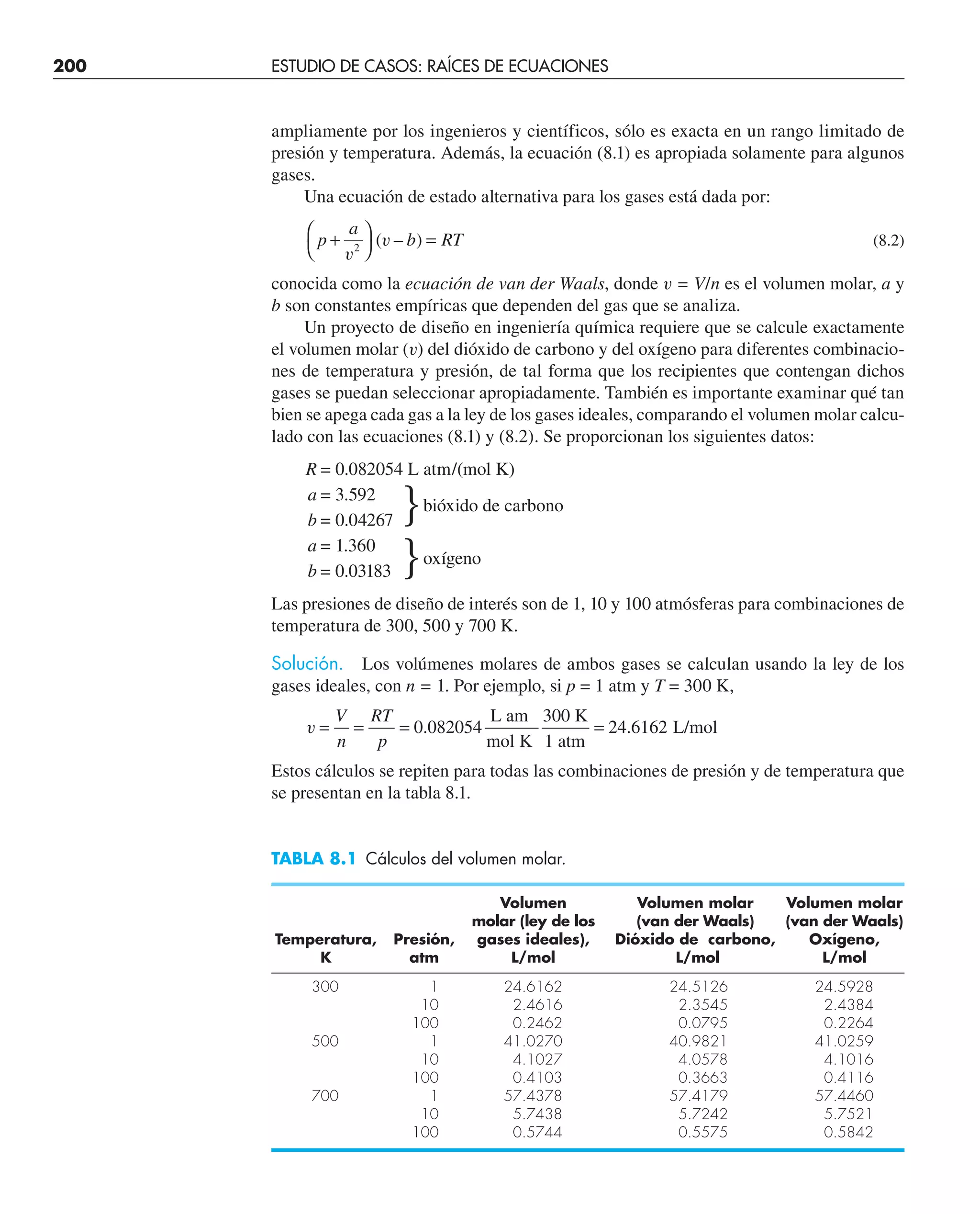 200 ESTUDIO DE CASOS: RAÍCES DE ECUACIONES
ampliamente por los ingenieros y científicos, sólo es exacta en un rango limitado de
presión y temperatura. Además, la ecuación (8.1) es apropiada solamente para algunos
gases.
Una ecuación de estado alternativa para los gases está dada por:
p
a
b RT
+
⎛
⎝
⎞
⎠
=
v
v
2
( – ) (8.2)
conocida como la ecuación de van der Waals, donde v = V/n es el volumen molar, a y
b son constantes empíricas que dependen del gas que se analiza.
Un proyecto de diseño en ingeniería química requiere que se calcule exactamente
el volumen molar (v) del dióxido de carbono y del oxígeno para diferentes combinacio-
nes de temperatura y presión, de tal forma que los recipientes que contengan dichos
gases se puedan seleccionar apropiadamente. También es importante examinar qué tan
bien se apega cada gas a la ley de los gases ideales, comparando el volumen molar calcu-
lado con las ecuaciones (8.1) y (8.2). Se proporcionan los siguientes datos:
R = 0.082054 L atm/(mol K)
a = 3.592
bióxido de carbono
b = 0.04267
a = 1.360
oxígeno
b = 0.03183
Las presiones de diseño de interés son de 1, 10 y 100 atmósferas para combinaciones de
temperatura de 300, 500 y 700 K.
Solución. Los volúmenes molares de ambos gases se calculan usando la ley de los
gases ideales, con n = 1. Por ejemplo, si p = 1 atm y T = 300 K,
v = = = =
V
n
RT
p
0 082054 24 6162
. .
L am
mol K
300 K
1 atm
L/mol
Estos cálculos se repiten para todas las combinaciones de presión y de temperatura que
se presentan en la tabla 8.1.
TABLA 8.1 Cálculos del volumen molar.
Volumen Volumen molar Volumen molar
molar (ley de los (van der Waals) (van der Waals)
Temperatura, Presión, gases ideales), Dióxido de carbono, Oxígeno,
K atm L/mol L/mol L/mol
300 1 24.6162 24.5126 24.5928
10 2.4616 2.3545 2.4384
100 0.2462 0.0795 0.2264
500 1 41.0270 40.9821 41.0259
10 4.1027 4.0578 4.1016
100 0.4103 0.3663 0.4116
700 1 57.4378 57.4179 57.4460
10 5.7438 5.7242 5.7521
100 0.5744 0.5575 0.5842
 