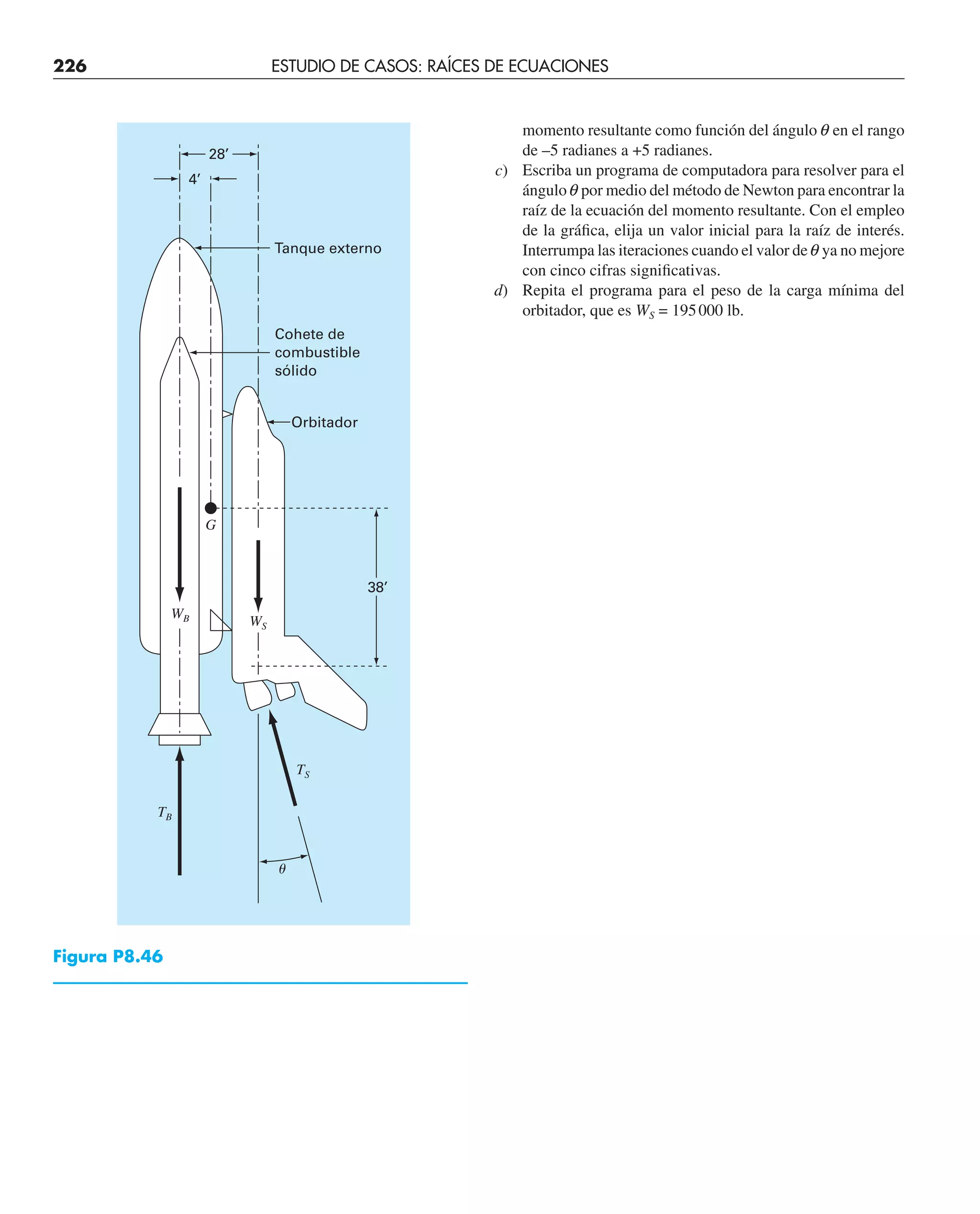 226 ESTUDIO DE CASOS: RAÍCES DE ECUACIONES
momento resultante como función del ángulo q en el rango
de –5 radianes a +5 radianes.
c) Escriba un programa de computadora para resolver para el
ángulo q por medio del método de Newton para encontrar la
raíz de la ecuación del momento resultante. Con el empleo
de la gráﬁca, elija un valor inicial para la raíz de interés.
Interrumpa las iteraciones cuando el valor de q ya no mejore
con cinco cifras signiﬁcativas.
d) Repita el programa para el peso de la carga mínima del
orbitador, que es WS = 195000 lb.
Tanque externo
Cohete de
combustible
sólido
Orbitador
38’
4’
28’
WB WS
TS
TB
␪
G
Figura P8.46
 