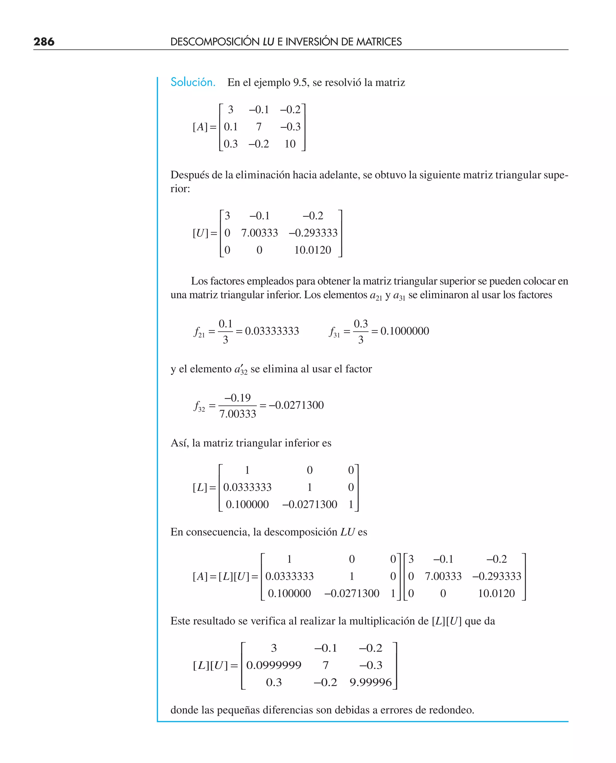 286 DESCOMPOSICIÓN LU E INVERSIÓN DE MATRICES
Solución. En el ejemplo 9.5, se resolvió la matriz
[ ]
. .
. .
. .
A =
− −
−
−
⎡
⎣
⎢
⎢
⎢
⎤
⎦
⎥
⎥
⎥
3 0 1 0 2
0 1 7 0 3
0 3 0 2 10
Después de la eliminación hacia adelante, se obtuvo la siguiente matriz triangular supe-
rior:
[ ]
. .
. .
.
U =
− −
−
⎡
⎣
⎢
⎢
⎢
⎤
⎦
⎥
⎥
⎥
3 0 1 0 2
0 7 00333 0 293333
0 0 10 0120
Los factores empleados para obtener la matriz triangular superior se pueden colocar en
una matriz triangular inferior. Los elementos a21 y a31 se eliminaron al usar los factores
f f
21 31
0 1
3
0 03333333
0 3
3
0 1000000
= = = =
.
.
.
.
y el elemento a′
32 se elimina al usar el factor
f32
0 19
7 00333
0 0271300
=
−
= −
.
.
.
Así, la matriz triangular inferior es
[ ] .
. .
L =
−
⎡
⎣
⎢
⎢
⎢
⎤
⎦
⎥
⎥
⎥
1 0 0
0 0333333 1 0
0 100000 0 0271300 1
En consecuencia, la descomposición LU es
[ ] [ ][ ] .
. .
. .
. .
.
A L U
= =
−
⎡
⎣
⎢
⎢
⎢
⎤
⎦
⎥
⎥
⎥
− −
−
⎡
⎣
⎢
⎢
⎢
⎤
⎦
⎥
⎥
⎥
1 0 0
0 0333333 1 0
0 100000 0 0271300 1
3 0 1 0 2
0 7 00333 0 293333
0 0 10 0120
Este resultado se verifica al realizar la multiplicación de [L][U] que da
[ ][ ]
. .
. .
. . .
L U =
− −
−
−
⎡
⎣
⎢
⎢
⎢
⎤
⎦
⎥
⎥
⎥
3 0 1 0 2
0 0999999 7 0 3
0 3 0 2 9 99996
donde las pequeñas diferencias son debidas a errores de redondeo.
 