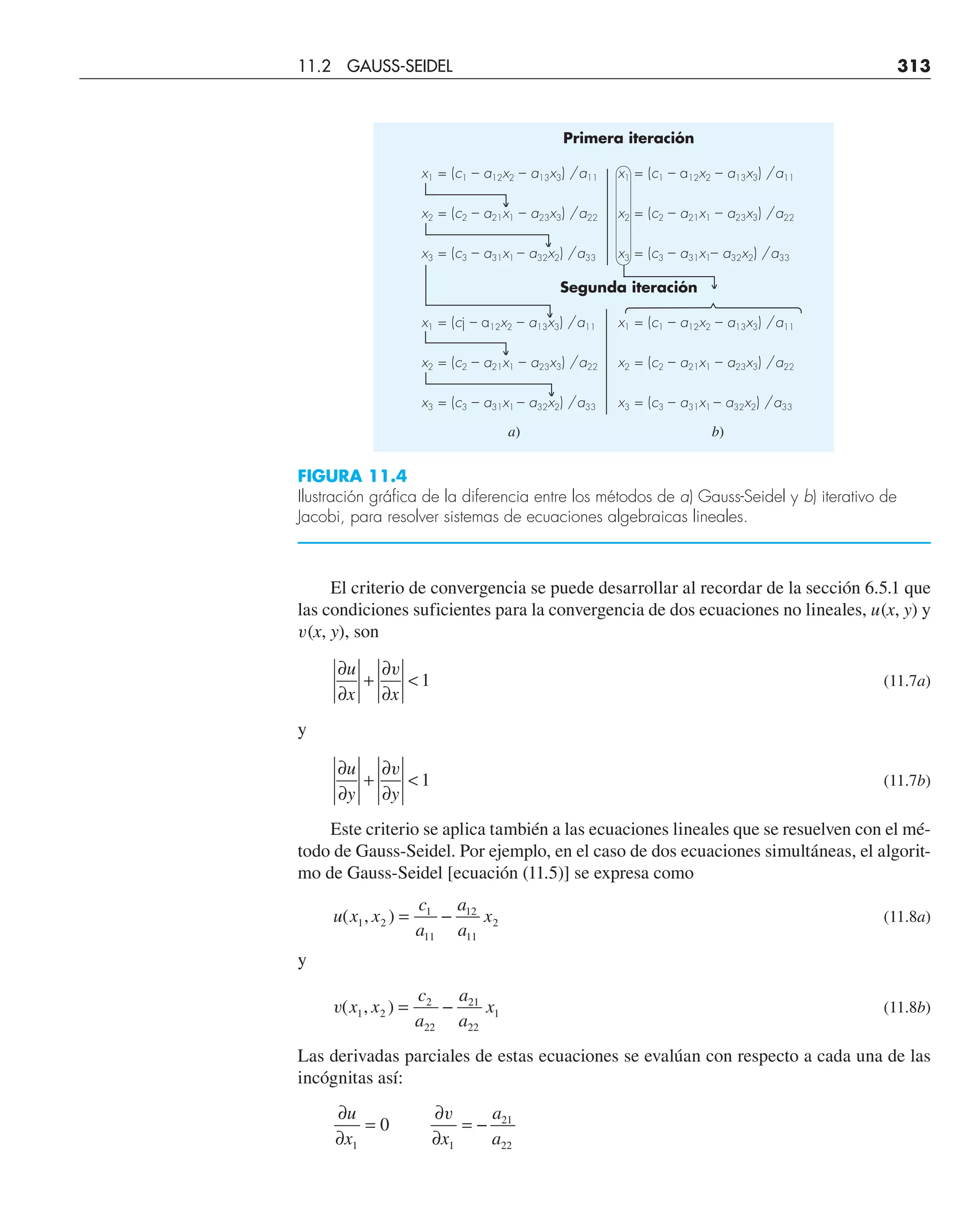 El criterio de convergencia se puede desarrollar al recordar de la sección 6.5.1 que
las condiciones suficientes para la convergencia de dos ecuaciones no lineales, u(x, y) y
v(x, y), son
∂
∂
+
∂
∂

u
x x
v
1 (11.7a)
y
∂
∂
+
∂
∂

u
y y
v
1 (11.7b)
Este criterio se aplica también a las ecuaciones lineales que se resuelven con el mé-
todo de Gauss-Seidel. Por ejemplo, en el caso de dos ecuaciones simultáneas, el algorit-
mo de Gauss-Seidel [ecuación (11.5)] se expresa como
u x x
c
a
a
a
x
( , )
1 2
1
11
12
11
2
= − (11.8a)
y
v( , )
x x
c
a
a
a
x
1 2
2
22
21
22
1
= − (11.8b)
Las derivadas parciales de estas ecuaciones se evalúan con respecto a cada una de las
incógnitas así:
∂
∂
=
∂
∂
= −
u
x x
a
a
1 1
21
22
0
v
FIGURA 11.4
Ilustración gráfica de la diferencia entre los métodos de a) Gauss-Seidel y b) iterativo de
Jacobi, para resolver sistemas de ecuaciones algebraicas lineales.
Primera iteración
x1 = (c1 – a12x2 – a13x3) /a11 x1 = (c1 – a12x2 – a13x3) /a11
x2 = (c2 – a21x1 – a23x3) /a22 x2 = (c2 – a21x1 – a23x3) /a22
x3 = (c3 – a31x1 – a32x2) /a33 x3 = (c3 – a31x1– a32x2) /a33
Segunda iteración
x1 = (cj – a12x2 – a13x3) /a11 x1 = (c1 – a12x2 – a13x3) /a11
x2 = (c2 – a21x1 – a23x3) /a22 x2 = (c2 – a21x1 – a23x3) /a22
x3 = (c3 – a31x1 – a32x2) /a33 x3 = (c3 – a31x1 – a32x2) /a33
a) b)
11.2 GAUSS-SEIDEL 313
 