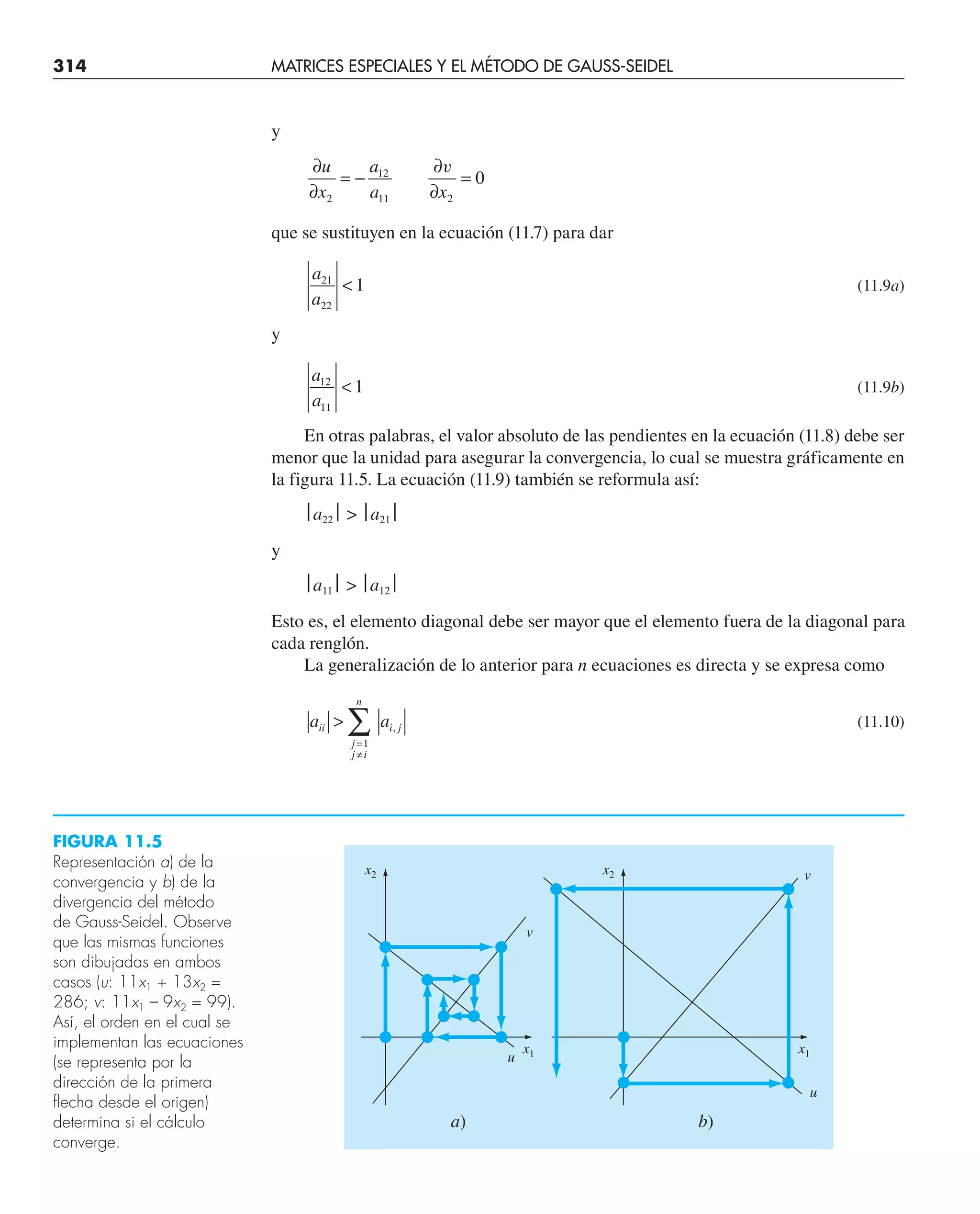 314 MATRICES ESPECIALES Y EL MÉTODO DE GAUSS-SEIDEL
FIGURA 11.5
Representación a) de la
convergencia y b) de la
divergencia del método
de Gauss-Seidel. Observe
que las mismas funciones
son dibujadas en ambos
casos (u: 11x1 + 13x2 =
286; v: 11x1 – 9x2 = 99).
Así, el orden en el cual se
implementan las ecuaciones
(se representa por la
dirección de la primera
flecha desde el origen)
determina si el cálculo
converge.
y
∂
∂
= −
∂
∂
=
u
x
a
a x
2
12
11 2
0
v
que se sustituyen en la ecuación (11.7) para dar
a
a
21
22
1
 (11.9a)
y
a
a
12
11
1
 (11.9b)
En otras palabras, el valor absoluto de las pendientes en la ecuación (11.8) debe ser
menor que la unidad para asegurar la convergencia, lo cual se muestra gráficamente en
la figura 11.5. La ecuación (11.9) también se reformula así:
⎪a22⎪  ⎪a21⎪
y
⎪a11⎪  ⎪a12⎪
Esto es, el elemento diagonal debe ser mayor que el elemento fuera de la diagonal para
cada renglón.
La generalización de lo anterior para n ecuaciones es directa y se expresa como
a a
ii i j
j
j i
n

=
≠
∑ ,
1
(11.10)
x2
x1
v
u
a)
x2
x1
v
u
b)
 