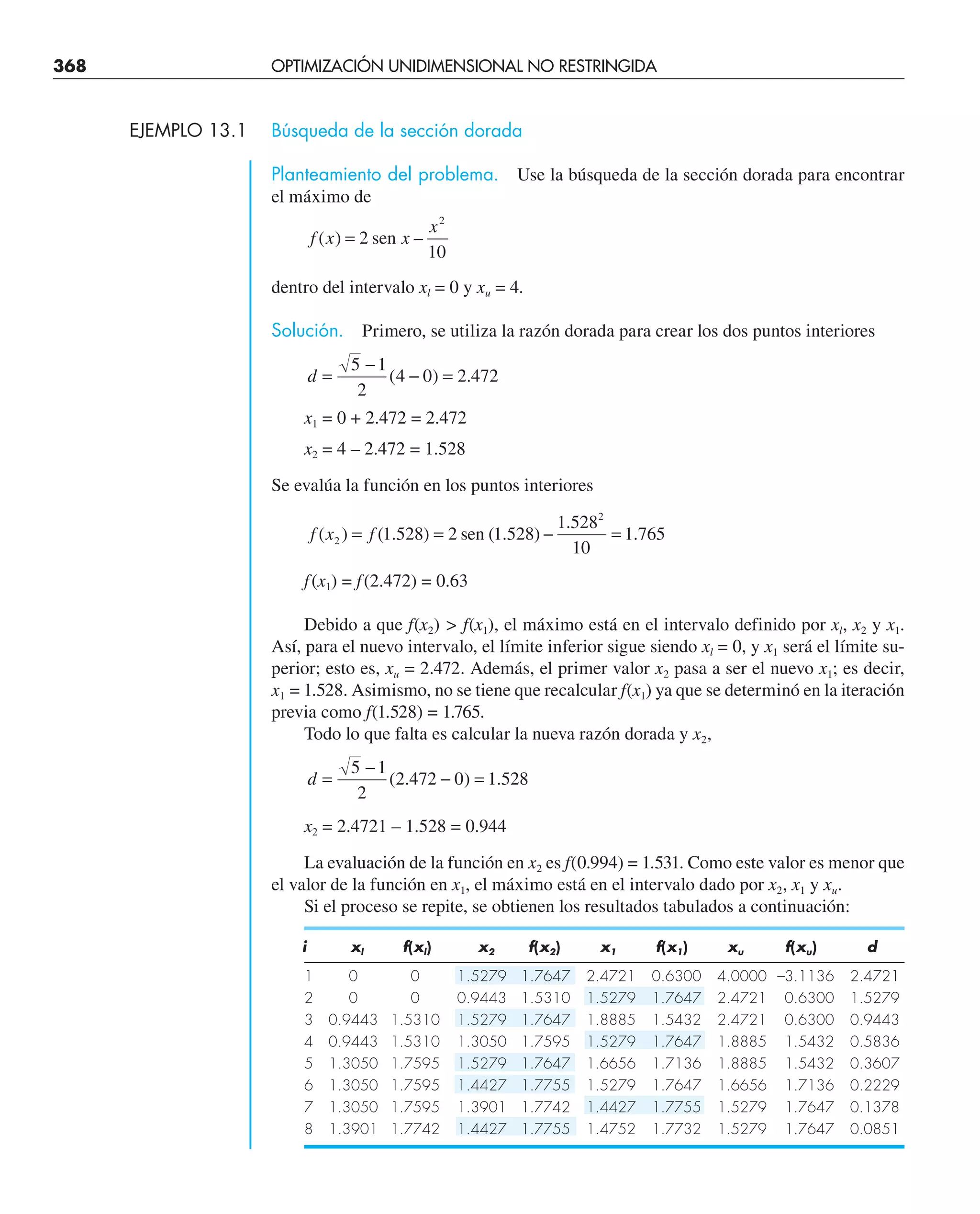 368 OPTIMIZACIÓN UNIDIMENSIONAL NO RESTRINGIDA
EJEMPLO 13.1 Búsqueda de la sección dorada
Planteamiento del problema. Use la búsqueda de la sección dorada para encontrar
el máximo de
f x x
x
( ) –
= 2
10
2
sen
dentro del intervalo xl = 0 y xu = 4.
Solución. Primero, se utiliza la razón dorada para crear los dos puntos interiores
d =
−
− =
5 1
2
4 0 2 472
( ) .
x1 = 0 + 2.472 = 2.472
x2 = 4 – 2.472 = 1.528
Se evalúa la función en los puntos interiores
f x f
( ) ( . ) ( . )
.
.
2
2
1 528 2 1 528
1 528
10
1 765
= = − =
sen
f(x1) = f(2.472) = 0.63
Debido a que f(x2)  f(x1), el máximo está en el intervalo definido por xl, x2 y x1.
Así, para el nuevo intervalo, el límite inferior sigue siendo xl = 0, y x1 será el límite su-
perior; esto es, xu = 2.472. Además, el primer valor x2 pasa a ser el nuevo x1; es decir,
x1 = 1.528. Asimismo, no se tiene que recalcular f(x1) ya que se determinó en la iteración
previa como f(1.528) = 1.765.
Todo lo que falta es calcular la nueva razón dorada y x2,
d =
−
− =
5 1
2
2 472 0 1 528
( . ) .
x2 = 2.4721 – 1.528 = 0.944
La evaluación de la función en x2 es f(0.994) = 1.531. Como este valor es menor que
el valor de la función en x1, el máximo está en el intervalo dado por x2, x1 y xu.
Si el proceso se repite, se obtienen los resultados tabulados a continuación:
i xl f(xl) x2 f(x2) x1 f(x1) xu f(xu) d
1 0 0 1.5279 1.7647 2.4721 0.6300 4.0000 –3.1136 2.4721
2 0 0 0.9443 1.5310 1.5279 1.7647 2.4721 0.6300 1.5279
3 0.9443 1.5310 1.5279 1.7647 1.8885 1.5432 2.4721 0.6300 0.9443
4 0.9443 1.5310 1.3050 1.7595 1.5279 1.7647 1.8885 1.5432 0.5836
5 1.3050 1.7595 1.5279 1.7647 1.6656 1.7136 1.8885 1.5432 0.3607
6 1.3050 1.7595 1.4427 1.7755 1.5279 1.7647 1.6656 1.7136 0.2229
7 1.3050 1.7595 1.3901 1.7742 1.4427 1.7755 1.5279 1.7647 0.1378
8 1.3901 1.7742 1.4427 1.7755 1.4752 1.7732 1.5279 1.7647 0.0851
 