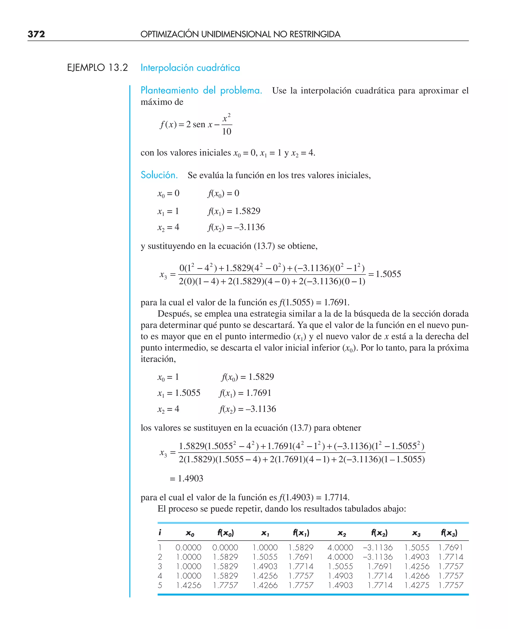 372 OPTIMIZACIÓN UNIDIMENSIONAL NO RESTRINGIDA
EJEMPLO 13.2 Interpolación cuadrática
Planteamiento del problema. Use la interpolación cuadrática para aproximar el
máximo de
f x x
x
( ) = −
2
10
2
sen
con los valores iniciales x0 = 0, x1 = 1 y x2 = 4.
Solución. Se evalúa la función en los tres valores iniciales,
x0 = 0 f(x0) = 0
x1 = 1 f(x1) = 1.5829
x2 = 4 f(x2) = –3.1136
y sustituyendo en la ecuación (13.7) se obtiene,
x3
2 2 2 2 2 2
0 1 4 1 5829 4 0 3 1136 0 1
2 0 1 4 2 1 5829 4 0 2 3 1136 0 1
1 5055
=
− + − + − −
− + − + − −
=
( ) . ( ) ( . )( )
( )( ) ( . )( ) ( . )( )
.
para la cual el valor de la función es f(1.5055) = 1.7691.
Después, se emplea una estrategia similar a la de la búsqueda de la sección dorada
para determinar qué punto se descartará. Ya que el valor de la función en el nuevo pun-
to es mayor que en el punto intermedio (x1) y el nuevo valor de x está a la derecha del
punto intermedio, se descarta el valor inicial inferior (x0). Por lo tanto, para la próxima
iteración,
x0 = 1 f(x0) = 1.5829
x1 = 1.5055 f(x1) = 1.7691
x2 = 4 f(x2) = –3.1136
los valores se sustituyen en la ecuación (13.7) para obtener
x3
2 2 2 2 2 2
1 5829 1 5055 4 1 7691 4 1 3 1136 1 1 5055
2 1 5829 1 5055 4 2 1 7691 4 1 2 3 1136 1 1 5055
=
− + − + − −
− + − + −
. ( . ) . ( ) ( . )( . )
( . )( . ) ( . )( ) ( . )( – . )
= 1.4903
para el cual el valor de la función es f(1.4903) = 1.7714.
El proceso se puede repetir, dando los resultados tabulados abajo:
i x0 f(x0) x1 f(x1) x2 f(x2) x3 f(x3)
1 0.0000 0.0000 1.0000 1.5829 4.0000 –3.1136 1.5055 1.7691
2 1.0000 1.5829 1.5055 1.7691 4.0000 –3.1136 1.4903 1.7714
3 1.0000 1.5829 1.4903 1.7714 1.5055 1.7691 1.4256 1.7757
4 1.0000 1.5829 1.4256 1.7757 1.4903 1.7714 1.4266 1.7757
5 1.4256 1.7757 1.4266 1.7757 1.4903 1.7714 1.4275 1.7757
 