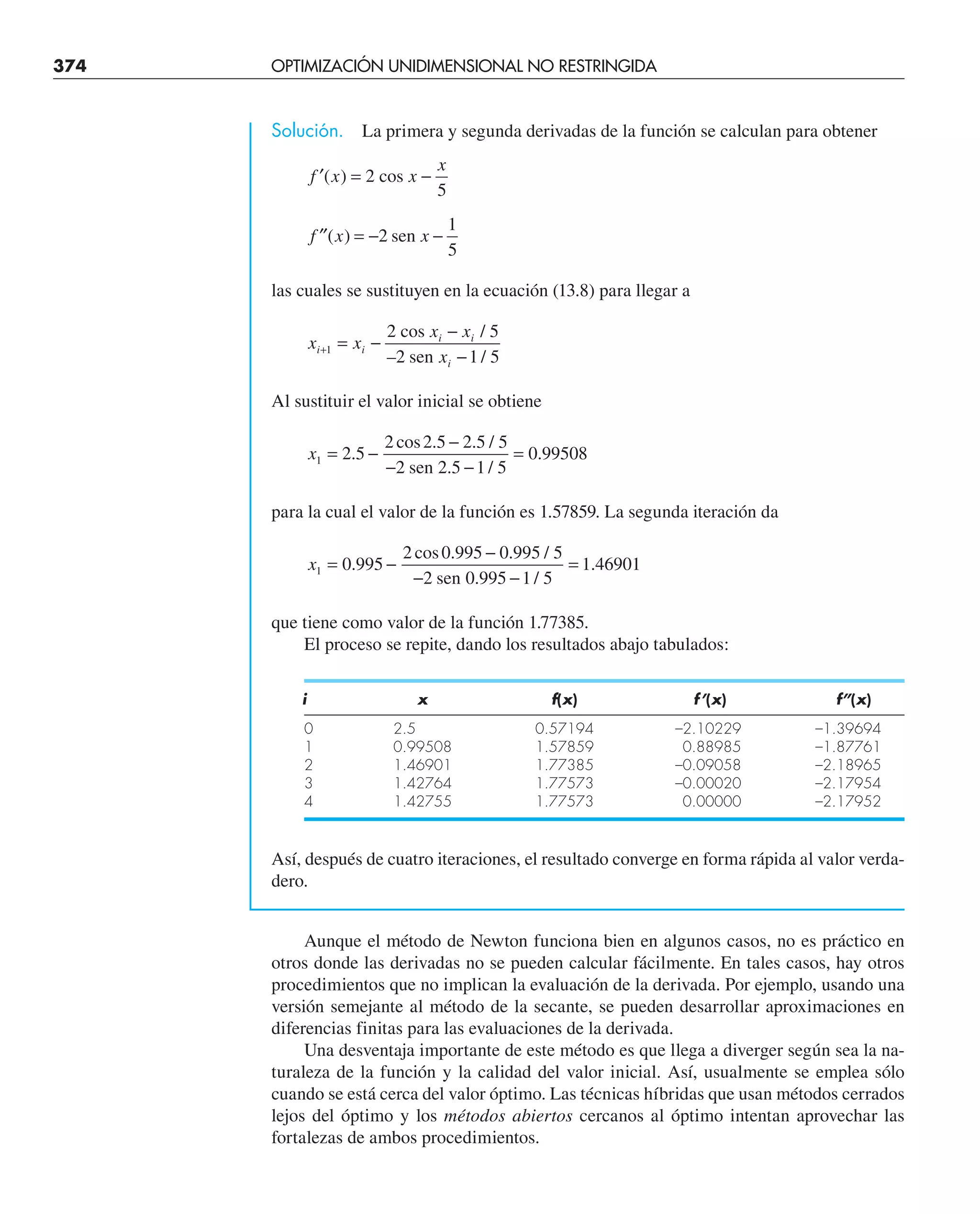 374 OPTIMIZACIÓN UNIDIMENSIONAL NO RESTRINGIDA
Solución. La primera y segunda derivadas de la función se calculan para obtener
′ = −
f x x
x
( ) cos
2
5
′′ = − −
f x x
( ) 2
1
5
sen
las cuales se sustituyen en la ecuación (13.8) para llegar a
x x
x x
x
i i
i i
i
+ = −
−
−
1
2 5
2 1 5
cos /
– /
sen
Al sustituir el valor inicial se obtiene
x1 2 5
2 2 5 2 5 5
2 2 5 1 5
0 99508
= −
−
− −
=
.
cos . . /
. /
.
sen
para la cual el valor de la función es 1.57859. La segunda iteración da
x1 0 995
2 0 995 0 995 5
2 0 995 1 5
1 46901
= −
−
− −
=
.
cos . . /
. /
.
sen
que tiene como valor de la función 1.77385.
El proceso se repite, dando los resultados abajo tabulados:
i x f(x) f’(x) f”(x)
0 2.5 0.57194 –2.10229 –1.39694
1 0.99508 1.57859 0.88985 –1.87761
2 1.46901 1.77385 –0.09058 –2.18965
3 1.42764 1.77573 –0.00020 –2.17954
4 1.42755 1.77573 0.00000 –2.17952
Así, después de cuatro iteraciones, el resultado converge en forma rápida al valor verda-
dero.
Aunque el método de Newton funciona bien en algunos casos, no es práctico en
otros donde las derivadas no se pueden calcular fácilmente. En tales casos, hay otros
procedimientos que no implican la evaluación de la derivada. Por ejemplo, usando una
versión semejante al método de la secante, se pueden desarrollar aproximaciones en
diferencias finitas para las evaluaciones de la derivada.
Una desventaja importante de este método es que llega a diverger según sea la na-
turaleza de la función y la calidad del valor inicial. Así, usualmente se emplea sólo
cuando se está cerca del valor óptimo. Las técnicas híbridas que usan métodos cerrados
lejos del óptimo y los métodos abiertos cercanos al óptimo intentan aprovechar las
fortalezas de ambos procedimientos.
 