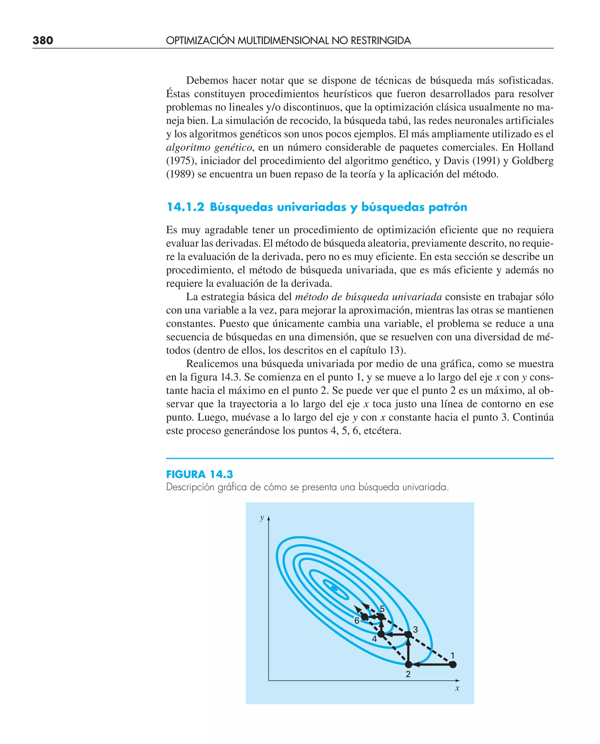 380 OPTIMIZACIÓN MULTIDIMENSIONAL NO RESTRINGIDA
Debemos hacer notar que se dispone de técnicas de búsqueda más sofisticadas.
Éstas constituyen procedimientos heurísticos que fueron desarrollados para resolver
problemas no lineales y/o discontinuos, que la optimización clásica usualmente no ma-
neja bien. La simulación de recocido, la búsqueda tabú, las redes neuronales artificiales
y los algoritmos genéticos son unos pocos ejemplos. El más ampliamente utilizado es el
algoritmo genético, en un número considerable de paquetes comerciales. En Holland
(1975), iniciador del procedimiento del algoritmo genético, y Davis (1991) y Goldberg
(1989) se encuentra un buen repaso de la teoría y la aplicación del método.
14.1.2 Búsquedas univariadas y búsquedas patrón
Es muy agradable tener un procedimiento de optimización eficiente que no requiera
evaluar las derivadas. El método de búsqueda aleatoria, previamente descrito, no requie-
re la evaluación de la derivada, pero no es muy eficiente. En esta sección se describe un
procedimiento, el método de búsqueda univariada, que es más eficiente y además no
requiere la evaluación de la derivada.
La estrategia básica del método de búsqueda univariada consiste en trabajar sólo
con una variable a la vez, para mejorar la aproximación, mientras las otras se mantienen
constantes. Puesto que únicamente cambia una variable, el problema se reduce a una
secuencia de búsquedas en una dimensión, que se resuelven con una diversidad de mé-
todos (dentro de ellos, los descritos en el capítulo 13).
Realicemos una búsqueda univariada por medio de una gráfica, como se muestra
en la figura 14.3. Se comienza en el punto 1, y se mueve a lo largo del eje x con y cons-
tante hacia el máximo en el punto 2. Se puede ver que el punto 2 es un máximo, al ob-
servar que la trayectoria a lo largo del eje x toca justo una línea de contorno en ese
punto. Luego, muévase a lo largo del eje y con x constante hacia el punto 3. Continúa
este proceso generándose los puntos 4, 5, 6, etcétera.
FIGURA 14.3
Descripción gráfica de cómo se presenta una búsqueda univariada.
6
4
5
3
1
2
y
x
 