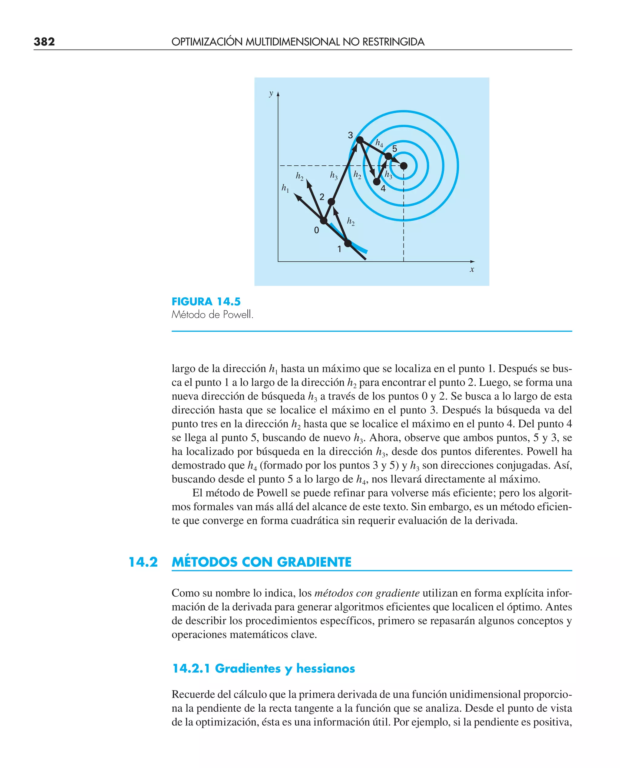 382 OPTIMIZACIÓN MULTIDIMENSIONAL NO RESTRINGIDA
largo de la dirección h1 hasta un máximo que se localiza en el punto 1. Después se bus-
ca el punto 1 a lo largo de la dirección h2 para encontrar el punto 2. Luego, se forma una
nueva dirección de búsqueda h3 a través de los puntos 0 y 2. Se busca a lo largo de esta
dirección hasta que se localice el máximo en el punto 3. Después la búsqueda va del
punto tres en la dirección h2 hasta que se localice el máximo en el punto 4. Del punto 4
se llega al punto 5, buscando de nuevo h3. Ahora, observe que ambos puntos, 5 y 3, se
ha localizado por búsqueda en la dirección h3, desde dos puntos diferentes. Powell ha
demostrado que h4 (formado por los puntos 3 y 5) y h3 son direcciones conjugadas. Así,
buscando desde el punto 5 a lo largo de h4, nos llevará directamente al máximo.
El método de Powell se puede refinar para volverse más eficiente; pero los algorit-
mos formales van más allá del alcance de este texto. Sin embargo, es un método eficien-
te que converge en forma cuadrática sin requerir evaluación de la derivada.
14.2 MÉTODOS CON GRADIENTE
Como su nombre lo indica, los métodos con gradiente utilizan en forma explícita infor-
mación de la derivada para generar algoritmos eficientes que localicen el óptimo. Antes
de describir los procedimientos específicos, primero se repasarán algunos conceptos y
operaciones matemáticos clave.
14.2.1 Gradientes y hessianos
Recuerde del cálculo que la primera derivada de una función unidimensional proporcio-
na la pendiente de la recta tangente a la función que se analiza. Desde el punto de vista
de la optimización, ésta es una información útil. Por ejemplo, si la pendiente es positiva,
FIGURA 14.5
Método de Powell.
2
3
0
1
4
5
h3
h2
h1
h2
h2 h3
h4
y
x
 