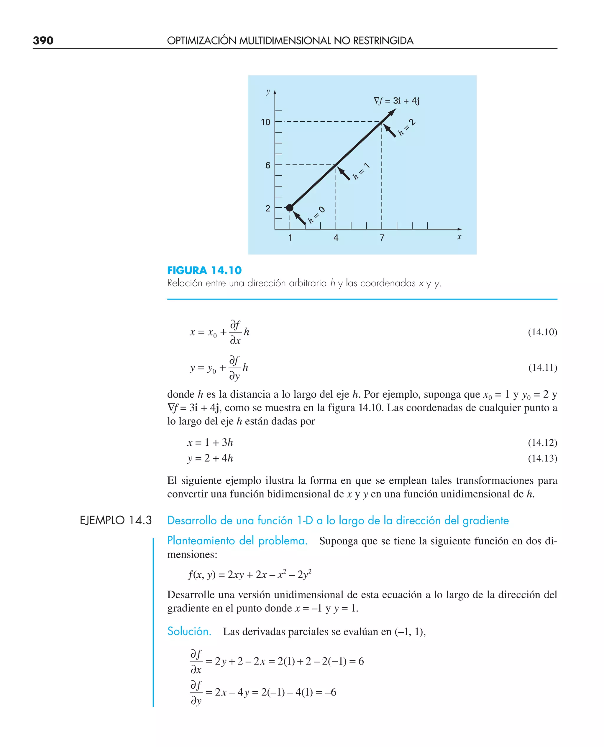 390 OPTIMIZACIÓN MULTIDIMENSIONAL NO RESTRINGIDA
x x
f
x
h
= +
∂
∂
0 (14.10)
y y
f
y
h
= +
∂
∂
0 (14.11)
donde h es la distancia a lo largo del eje h. Por ejemplo, suponga que x0 = 1 y y0 = 2 y
∇f = 3i + 4j, como se muestra en la figura 14.10. Las coordenadas de cualquier punto a
lo largo del eje h están dadas por
x = 1 + 3h (14.12)
y = 2 + 4h (14.13)
El siguiente ejemplo ilustra la forma en que se emplean tales transformaciones para
convertir una función bidimensional de x y y en una función unidimensional de h.
EJEMPLO 14.3 Desarrollo de una función 1-D a lo largo de la dirección del gradiente
Planteamiento del problema. Suponga que se tiene la siguiente función en dos di-
mensiones:
ƒ(x, y) = 2xy + 2x – x2
– 2y2
Desarrolle una versión unidimensional de esta ecuación a lo largo de la dirección del
gradiente en el punto donde x = –1 y y = 1.
Solución. Las derivadas parciales se evalúan en (–1, 1),
∂ƒ
∂
= + = + − =
∂ƒ
∂
= = =
x
y x
y
x y
2 2 2 2 1 2 2 1 6
2 4 2 1 4 1 6
– ( ) – ( )
– (– ) – ( ) –
10
y
x
6
2
7
4
1
ⵜf = 3i + 4j
h
=
2
h
=
1
h
=
0
FIGURA 14.10
Relación entre una dirección arbitraria h y las coordenadas x y y.
 