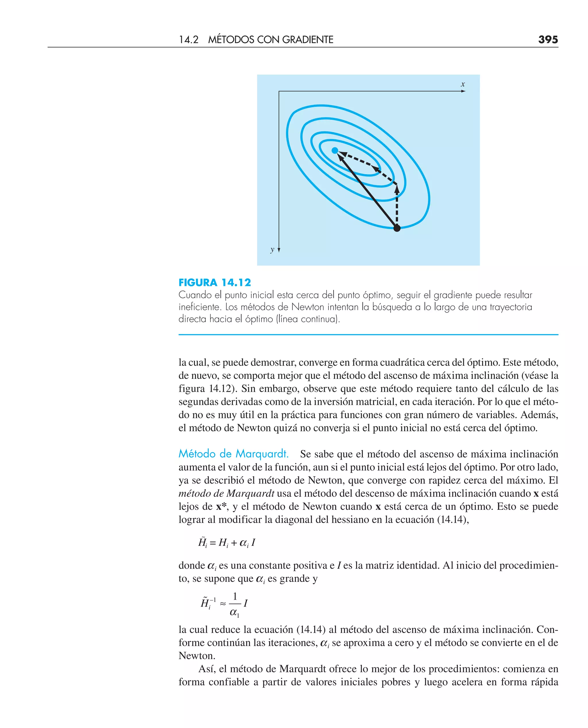 la cual, se puede demostrar, converge en forma cuadrática cerca del óptimo. Este método,
de nuevo, se comporta mejor que el método del ascenso de máxima inclinación (véase la
figura 14.12). Sin embargo, observe que este método requiere tanto del cálculo de las
segundas derivadas como de la inversión matricial, en cada iteración. Por lo que el méto-
do no es muy útil en la práctica para funciones con gran número de variables. Además,
el método de Newton quizá no converja si el punto inicial no está cerca del óptimo.
Método de Marquardt. Se sabe que el método del ascenso de máxima inclinación
aumenta el valor de la función, aun si el punto inicial está lejos del óptimo. Por otro lado,
ya se describió el método de Newton, que converge con rapidez cerca del máximo. El
método de Marquardt usa el método del descenso de máxima inclinación cuando x está
lejos de x*, y el método de Newton cuando x está cerca de un óptimo. Esto se puede
lograr al modificar la diagonal del hessiano en la ecuación (14.14),
H
~
i = Hi + ai I
donde ai es una constante positiva e I es la matriz identidad. Al inicio del procedimien-
to, se supone que ai es grande y
˜ –
H I
i
1
1
1
≈
α
la cual reduce la ecuación (14.14) al método del ascenso de máxima inclinación. Con-
forme continúan las iteraciones, ai se aproxima a cero y el método se convierte en el de
Newton.
Así, el método de Marquardt ofrece lo mejor de los procedimientos: comienza en
forma confiable a partir de valores iniciales pobres y luego acelera en forma rápida
FIGURA 14.12
Cuando el punto inicial esta cerca del punto óptimo, seguir el gradiente puede resultar
ineficiente. Los métodos de Newton intentan la búsqueda a lo largo de una trayectoria
directa hacia el óptimo (línea continua).
y
x
14.2 MÉTODOS CON GRADIENTE 395
 