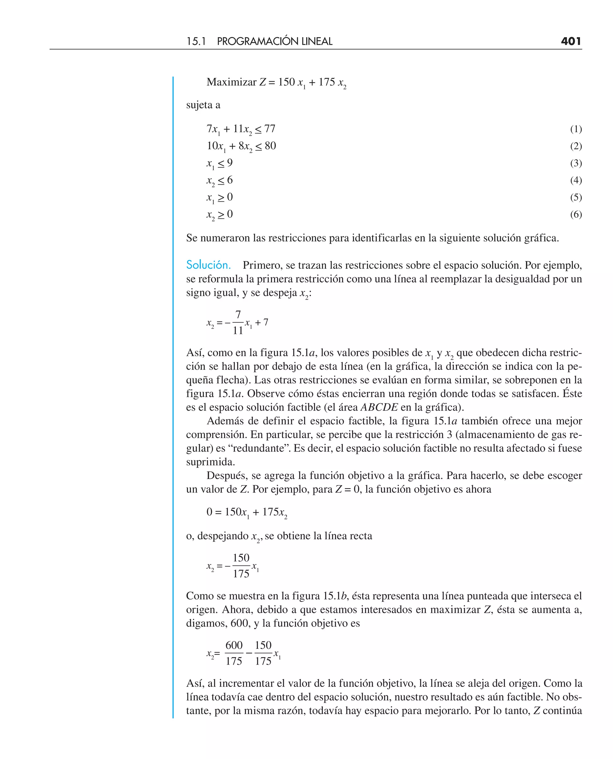 Maximizar Z = 150 x1
+ 175 x2
sujeta a
7x1
+ 11x2
 77 (1)
10x1
+ 8x2
 80 (2)
x1
 9 (3)
x2
 6 (4)
x1
 0 (5)
x2
 0 (6)
Se numeraron las restricciones para identificarlas en la siguiente solución gráfica.
Solución. Primero, se trazan las restricciones sobre el espacio solución. Por ejemplo,
se reformula la primera restricción como una línea al reemplazar la desigualdad por un
signo igual, y se despeja x2
:
x2
= –
7
11
x1
+ 7
Así, como en la figura 15.1a, los valores posibles de x1
y x2
que obedecen dicha restric-
ción se hallan por debajo de esta línea (en la gráfica, la dirección se indica con la pe-
queña flecha). Las otras restricciones se evalúan en forma similar, se sobreponen en la
figura 15.1a. Observe cómo éstas encierran una región donde todas se satisfacen. Éste
es el espacio solución factible (el área ABCDE en la gráfica).
Además de definir el espacio factible, la figura 15.1a también ofrece una mejor
comprensión. En particular, se percibe que la restricción 3 (almacenamiento de gas re-
gular) es “redundante”. Es decir, el espacio solución factible no resulta afectado si fuese
suprimida.
Después, se agrega la función objetivo a la gráfica. Para hacerlo, se debe escoger
un valor de Z. Por ejemplo, para Z = 0, la función objetivo es ahora
0 = 150x1
+ 175x2
o, despejando x2
,se obtiene la línea recta
x2
= –
150
175
x1
Como se muestra en la figura 15.1b, ésta representa una línea punteada que interseca el
origen. Ahora, debido a que estamos interesados en maximizar Z, ésta se aumenta a,
digamos, 600, y la función objetivo es
x2
=
600
175
150
175
− x1
Así, al incrementar el valor de la función objetivo, la línea se aleja del origen. Como la
línea todavía cae dentro del espacio solución, nuestro resultado es aún factible. No obs-
tante, por la misma razón, todavía hay espacio para mejorarlo. Por lo tanto, Z continúa
15.1 PROGRAMACIÓN LINEAL 401
 