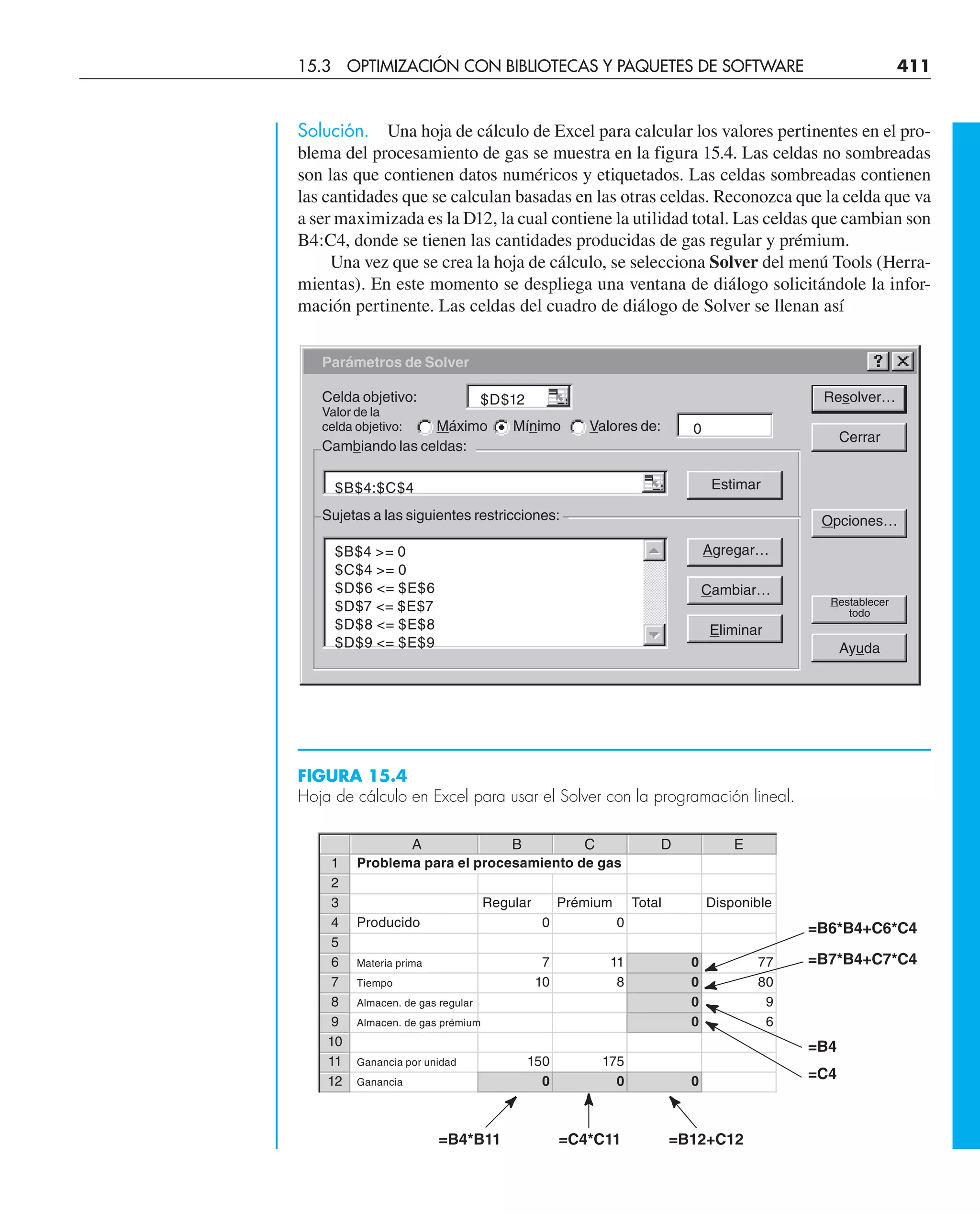 Solución. Una hoja de cálculo de Excel para calcular los valores pertinentes en el pro-
blema del procesamiento de gas se muestra en la figura 15.4. Las celdas no sombreadas
son las que contienen datos numéricos y etiquetados. Las celdas sombreadas contienen
las cantidades que se calculan basadas en las otras celdas. Reconozca que la celda que va
a ser maximizada es la D12, la cual contiene la utilidad total. Las celdas que cambian son
B4:C4, donde se tienen las cantidades producidas de gas regular y prémium.
Una vez que se crea la hoja de cálculo, se selecciona Solver del menú Tools (Herra-
mientas). En este momento se despliega una ventana de diálogo solicitándole la infor-
mación pertinente. Las celdas del cuadro de diálogo de Solver se llenan así
FIGURA 15.4
Hoja de cálculo en Excel para usar el Solver con la programación lineal.
15.3 OPTIMIZACIÓN CON BIBLIOTECAS Y PAQUETES DE SOFTWARE 411
Parámetros de Solver
Celda objetivo:
Valor de la
celda objetivo: Máximo Mínimo Valores de:
Cambiando las celdas:
Sujetas a las siguientes restricciones:
Resolver…
Cerrar
Estimar
Opciones…
Agregar…
Cambiar…
Restablecer
todo
Eliminar
Ayuda
$D$12
0
$B$4:$C$4
$B$4 = 0
$C$4 = 0
$D$6 = $E$6
$D$7 = $E$7
$D$8 = $E$8
$D$9 = $E$9
A B C D E
1 Problema para el procesamiento de gas
2
3 Regular Prémium Total Disponible
4 Producido 0 0
5
6 Materia prima 7 11 0 77
7 Tiempo 10 8 0 80
8 Almacen. de gas regular 0 9
9 Almacen. de gas prémium 0 6
10
11 Ganancia por unidad 150 175
12 Ganancia 0 0 0
=B6*B4+C6*C4
=B7*B4+C7*C4
=B4
=C4
=B4*B11 =C4*C11 =B12+C12
 