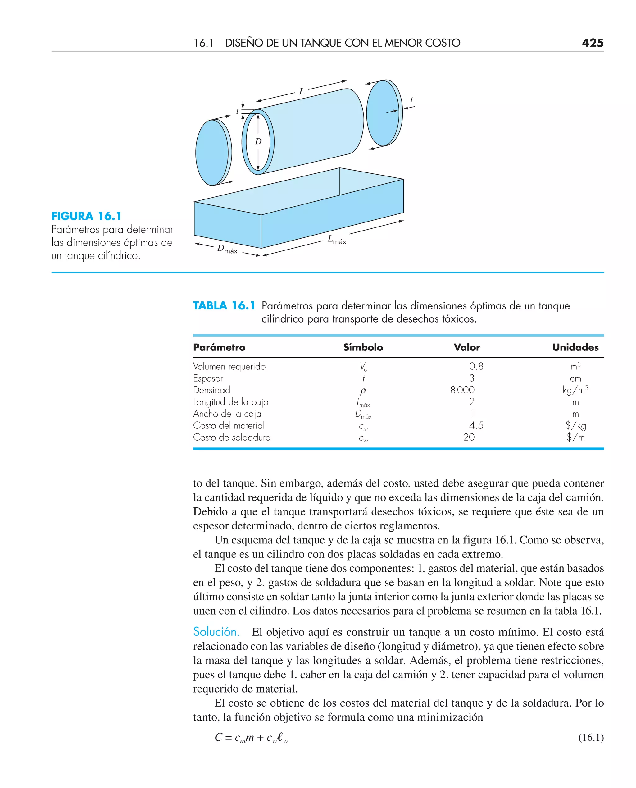 to del tanque. Sin embargo, además del costo, usted debe asegurar que pueda contener
la cantidad requerida de líquido y que no exceda las dimensiones de la caja del camión.
Debido a que el tanque transportará desechos tóxicos, se requiere que éste sea de un
espesor determinado, dentro de ciertos reglamentos.
Un esquema del tanque y de la caja se muestra en la figura 16.1. Como se observa,
el tanque es un cilindro con dos placas soldadas en cada extremo.
El costo del tanque tiene dos componentes: 1. gastos del material, que están basados
en el peso, y 2. gastos de soldadura que se basan en la longitud a soldar. Note que esto
último consiste en soldar tanto la junta interior como la junta exterior donde las placas se
unen con el cilindro. Los datos necesarios para el problema se resumen en la tabla 16.1.
Solución. El objetivo aquí es construir un tanque a un costo mínimo. El costo está
relacionado con las variables de diseño (longitud y diámetro), ya que tienen efecto sobre
la masa del tanque y las longitudes a soldar. Además, el problema tiene restricciones,
pues el tanque debe 1. caber en la caja del camión y 2. tener capacidad para el volumen
requerido de material.
El costo se obtiene de los costos del material del tanque y de la soldadura. Por lo
tanto, la función objetivo se formula como una minimización
C = cmm + cw艎w (16.1)
TABLA 16.1 Parámetros para determinar las dimensiones óptimas de un tanque
cilíndrico para transporte de desechos tóxicos.
Parámetro Símbolo Valor Unidades
Volumen requerido Vo 0.8 m3
Espesor t 3 cm
Densidad r 8000 kg/m3
Longitud de la caja Lmáx 2 m
Ancho de la caja Dmáx 1 m
Costo del material cm 4.5 $/kg
Costo de soldadura cw 20 $/m
Lmáx
Dmáx
t
L
D
t
FIGURA 16.1
Parámetros para determinar
las dimensiones óptimas de
un tanque cilíndrico.
16.1 DISEÑO DE UN TANQUE CON EL MENOR COSTO 425
 
