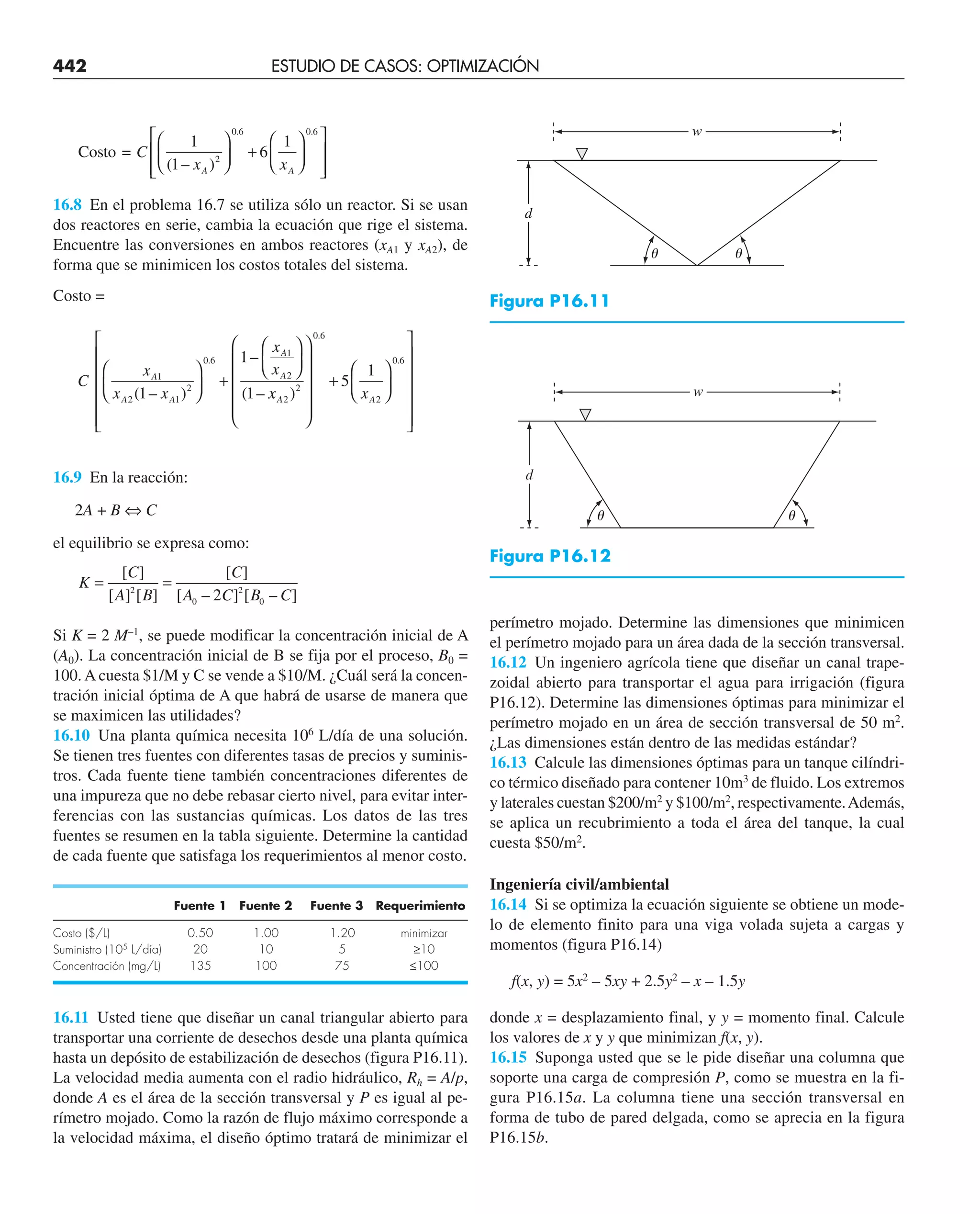 442 ESTUDIO DE CASOS: OPTIMIZACIÓN
Costo =
( – )
. .
C
x x
A A
1
1
6
1
2
0 6 0 6
⎛
⎝
⎜
⎞
⎠
⎟ +
⎛
⎝
⎜
⎞
⎠
⎟
⎡
⎣
⎢
⎢
⎢
⎤
⎦
⎥
⎥
16.8 En el problema 16.7 se utiliza sólo un reactor. Si se usan
dos reactores en serie, cambia la ecuación que rige el sistema.
Encuentre las conversiones en ambos reactores (xA1 y xA2), de
forma que se minimicen los costos totales del sistema.
Costo =
C
x
x x
x
x
A
A A
A
A
( – )
–
( –
.
1
2 1
2
0 6
1
2
1
1
1
⎛
⎝
⎜
⎞
⎠
⎟ +
⎛
⎝
⎜
⎞
⎠
⎟
x
x x
A A
2
2
0 6
2
0 6
5
1
)
.
.
⎛
⎝
⎜
⎜
⎜
⎜
⎞
⎠
⎟
⎟
⎟
⎟
+
⎛
⎝
⎜
⎞
⎠
⎟
⎡
⎣
⎢
⎢
⎢
⎢
⎢
⎤
⎤
⎦
⎥
⎥
⎥
⎥
⎥
16.9 En la reacción:
2A + B ⇔ C
el equilibrio se expresa como:
K
C
A B
C
A C B C
= =
[ ]
[ ] [ ]
[ ]
[ – ] [ – ]
2
0
2
0
2
Si K = 2 M–1
, se puede modificar la concentración inicial de A
(A0). La concentración inicial de B se fija por el proceso, B0 =
100. A cuesta $1/M y C se vende a $10/M. ¿Cuál será la concen-
tración inicial óptima de A que habrá de usarse de manera que
se maximicen las utilidades?
16.10 Una planta química necesita 106
L/día de una solución.
Se tienen tres fuentes con diferentes tasas de precios y suminis-
tros. Cada fuente tiene también concentraciones diferentes de
una impureza que no debe rebasar cierto nivel, para evitar inter-
ferencias con las sustancias químicas. Los datos de las tres
fuentes se resumen en la tabla siguiente. Determine la cantidad
de cada fuente que satisfaga los requerimientos al menor costo.
Fuente 1 Fuente 2 Fuente 3 Requerimiento
Costo ($/L) 0.50 1.00 1.20 minimizar
Suministro (105
L/día) 20 10 5 ≥10
Concentración (mg/L) 135 100 75 ≤100
16.11 Usted tiene que diseñar un canal triangular abierto para
transportar una corriente de desechos desde una planta química
hasta un depósito de estabilización de desechos (figura P16.11).
La velocidad media aumenta con el radio hidráulico, Rh = A/p,
donde A es el área de la sección transversal y P es igual al pe-
rímetro mojado. Como la razón de flujo máximo corresponde a
la velocidad máxima, el diseño óptimo tratará de minimizar el
perímetro mojado. Determine las dimensiones que minimicen
el perímetro mojado para un área dada de la sección transversal.
16.12 Un ingeniero agrícola tiene que diseñar un canal trape-
zoidal abierto para transportar el agua para irrigación (figura
P16.12). Determine las dimensiones óptimas para minimizar el
perímetro mojado en un área de sección transversal de 50 m2
.
¿Las dimensiones están dentro de las medidas estándar?
16.13 Calcule las dimensiones óptimas para un tanque cilíndri-
co térmico diseñado para contener 10m3
de fluido. Los extremos
y laterales cuestan $200/m2
y $100/m2
, respectivamente.Además,
se aplica un recubrimiento a toda el área del tanque, la cual
cuesta $50/m2
.
Ingeniería civil/ambiental
16.14 Si se optimiza la ecuación siguiente se obtiene un mode-
lo de elemento finito para una viga volada sujeta a cargas y
momentos (figura P16.14)
f(x, y) = 5x2
– 5xy + 2.5y2
– x – 1.5y
donde x = desplazamiento final, y y = momento final. Calcule
los valores de x y y que minimizan f(x, y).
16.15 Suponga usted que se le pide diseñar una columna que
soporte una carga de compresión P, como se muestra en la fi-
gura P16.15a. La columna tiene una sección transversal en
forma de tubo de pared delgada, como se aprecia en la figura
P16.15b.
w
d
␪
␪
w
d
␪
␪
Figura P16.11
Figura P16.12
 