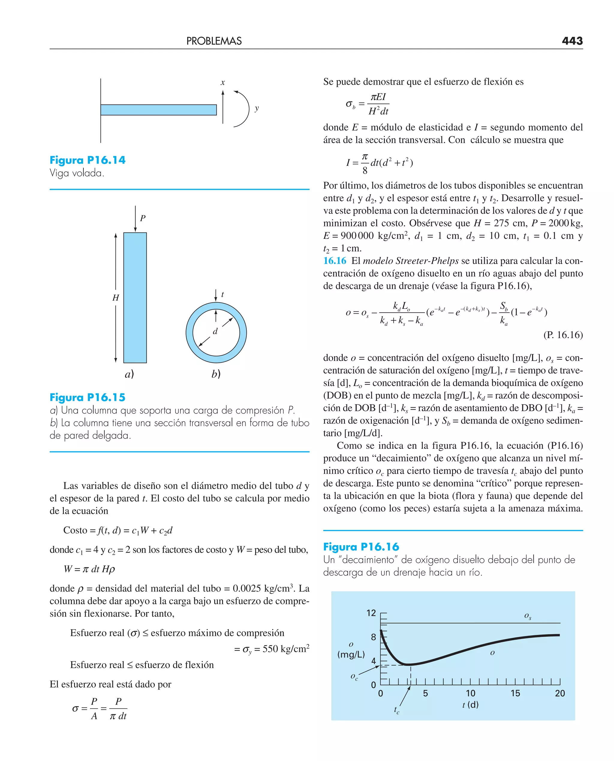 Las variables de diseño son el diámetro medio del tubo d y
el espesor de la pared t. El costo del tubo se calcula por medio
de la ecuación
Costo = f(t, d) = c1W + c2d
donde c1 = 4 y c2 = 2 son los factores de costo y W = peso del tubo,
W = p dt Hr
donde r = densidad del material del tubo = 0.0025 kg/cm3
. La
columna debe dar apoyo a la carga bajo un esfuerzo de compre-
sión sin flexionarse. Por tanto,
Esfuerzo real (s) ≤ esfuerzo máximo de compresión
= sy = 550 kg/cm2
Esfuerzo real ≤ esfuerzo de flexión
El esfuerzo real está dado por
σ
π
= =
P
A
P
dt
Se puede demostrar que el esfuerzo de flexión es
σ
π
b
EI
H dt
= 2
donde E = módulo de elasticidad e I = segundo momento del
área de la sección transversal. Con cálculo se muestra que
I dt d t
= +
π
8
2 2
( )
Por último, los diámetros de los tubos disponibles se encuentran
entre d1 y d2, y el espesor está entre t1 y t2. Desarrolle y resuel-
va este problema con la determinación de los valores de d y t que
minimizan el costo. Obsérvese que H = 275 cm, P = 2000kg,
E = 900000 kg/cm2
, d1 = 1 cm, d2 = 10 cm, t1 = 0.1 cm y
t2 = 1cm.
16.16 El modelo Streeter-Phelps se utiliza para calcular la con-
centración de oxígeno disuelto en un río aguas abajo del punto
de descarga de un drenaje (véase la figura P16.16),
o o
k L
k k k
e e
S
k
e
s
d o
d s a
k t k k t b
a
k t
a d s a
=
+
+
–
–
( – ) – ( – )
– –( ) –
1
(P. 16.16)
donde o = concentración del oxígeno disuelto [mg/L], os = con-
centración de saturación del oxígeno [mg/L], t = tiempo de trave-
sía [d], Lo = concentración de la demanda bioquímica de oxígeno
(DOB) en el punto de mezcla [mg/L], kd = razón de descomposi-
ción de DOB [d–1
], ks = razón de asentamiento de DBO [d–1
], ka =
razón de oxigenación [d–1
], y Sb = demanda de oxígeno sedimen-
tario [mg/L/d].
Como se indica en la figura P16.16, la ecuación (P16.16)
produce un “decaimiento” de oxígeno que alcanza un nivel mí-
nimo crítico oc para cierto tiempo de travesía tc abajo del punto
de descarga. Este punto se denomina “crítico” porque represen-
ta la ubicación en que la biota (flora y fauna) que depende del
oxígeno (como los peces) estaría sujeta a la amenaza máxima.
x
y
Figura P16.14
Viga volada.
Figura P16.15
a) Una columna que soporta una carga de compresión P.
b) La columna tiene una sección transversal en forma de tubo
de pared delgada.
a)
H
P
b)
d
t
Figura P16.16
Un “decaimiento” de oxígeno disuelto debajo del punto de
descarga de un drenaje hacia un río.
15 20
8
12
0
0
t (d)
5
4
10
o
(mg/L) o
os
tc
oc
PROBLEMAS 443
 