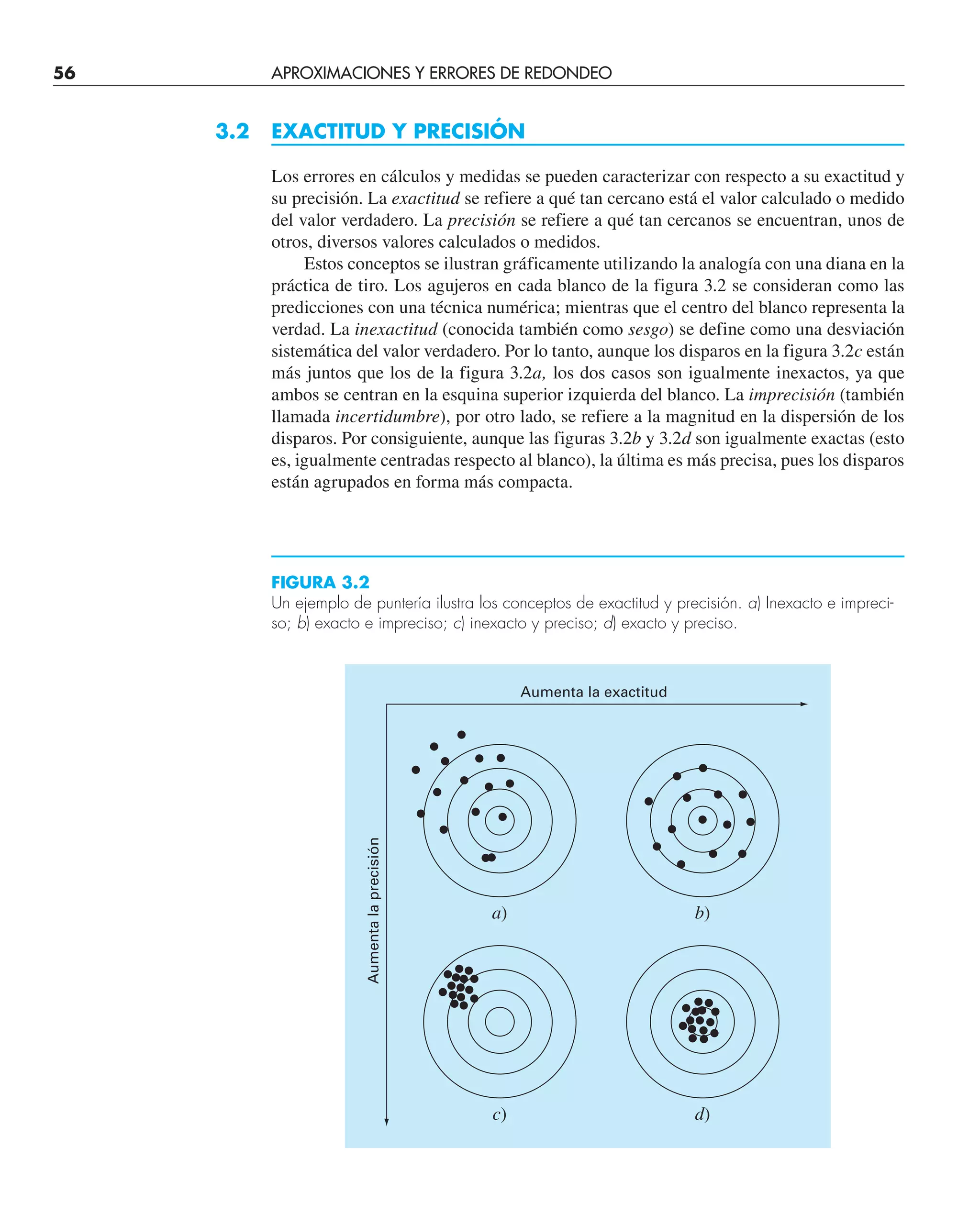 56 APROXIMACIONES Y ERRORES DE REDONDEO
3.2 EXACTITUD Y PRECISIÓN
Los errores en cálculos y medidas se pueden caracterizar con respecto a su exactitud y
su precisión. La exactitud se refiere a qué tan cercano está el valor calculado o medido
del valor verdadero. La precisión se refiere a qué tan cercanos se encuentran, unos de
otros, diversos valores calculados o medidos.
Estos conceptos se ilustran gráficamente utilizando la analogía con una diana en la
práctica de tiro. Los agujeros en cada blanco de la figura 3.2 se consideran como las
predicciones con una técnica numérica; mientras que el centro del blanco representa la
verdad. La inexactitud (conocida también como sesgo) se define como una desviación
sistemática del valor verdadero. Por lo tanto, aunque los disparos en la figura 3.2c están
más juntos que los de la figura 3.2a, los dos casos son igualmente inexactos, ya que
ambos se centran en la esquina superior izquierda del blanco. La imprecisión (también
llamada incertidumbre), por otro lado, se refiere a la magnitud en la dispersión de los
disparos. Por consiguiente, aunque las figuras 3.2b y 3.2d son igualmente exactas (esto
es, igualmente centradas respecto al blanco), la última es más precisa, pues los disparos
están agrupados en forma más compacta.
c)
a)
d)
b)
Aumenta la exactitud
Aumenta
la
precisión
FIGURA 3.2
Un ejemplo de puntería ilustra los conceptos de exactitud y precisión. a) Inexacto e impreci-
so; b) exacto e impreciso; c) inexacto y preciso; d) exacto y preciso.
 