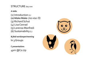 STRUCTURE day one 
A talks    
(1) Introduction (L) 
(2) Make Make  (no visa ) 
(3) Richard Schut 
(4) Lisa Conrad 
(5) Lorenza Manfredi 
(6) Sustainability (L) 
B ﬁeld work/experimenting 
In 3 Groups 
C presentations  
4pm @Co.Up    
 