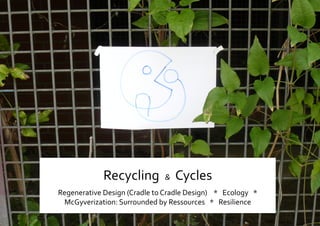 Ss 
Recycling  &   Cycles 
Regenerative Design (Cradle to Cradle Design)    *   Ecology   *   
McGyverization: Surrounded by Ressources   *   Resilience 
 