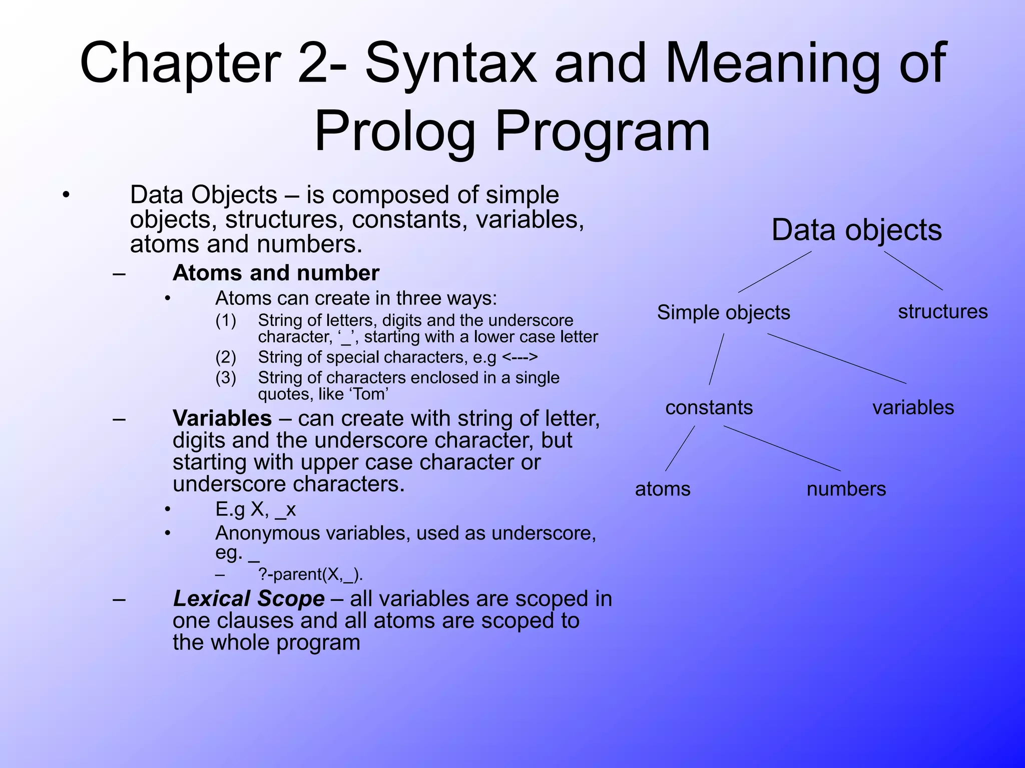 Chapter 2- Syntax and Meaning of
Prolog Program
• Data Objects – is composed of simple
objects, structures, constants, variables,
atoms and numbers.
– Atoms and number
• Atoms can create in three ways:
(1) String of letters, digits and the underscore
character, ‘_’, starting with a lower case letter
(2) String of special characters, e.g <--->
(3) String of characters enclosed in a single
quotes, like ‘Tom’
– Variables – can create with string of letter,
digits and the underscore character, but
starting with upper case character or
underscore characters.
• E.g X, _x
• Anonymous variables, used as underscore,
eg. _
– ?-parent(X,_).
– Lexical Scope – all variables are scoped in
one clauses and all atoms are scoped to
the whole program
Data objects
Simple objects structures
constants variables
atoms numbers
 