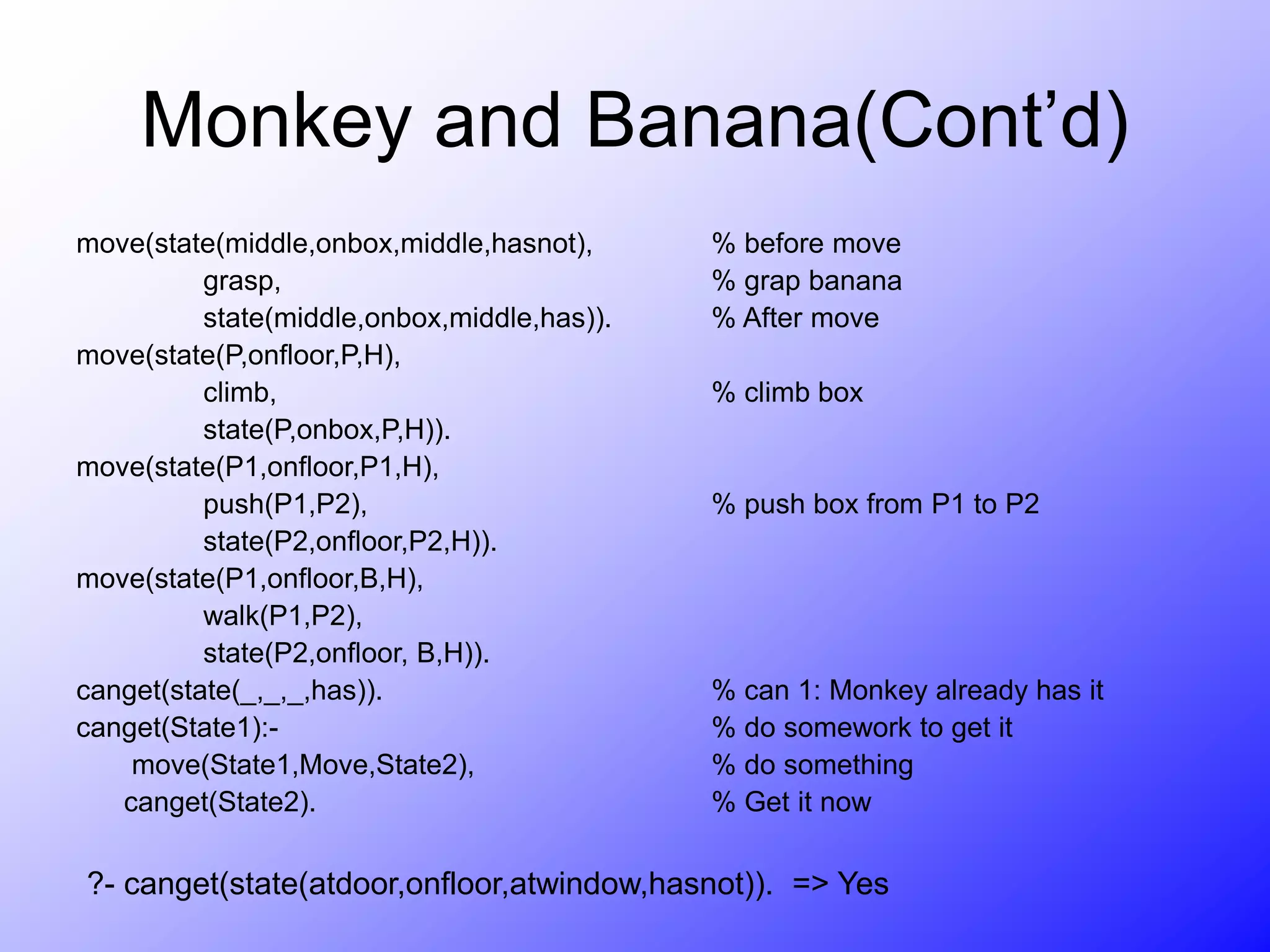 Monkey and Banana(Cont’d)
move(state(middle,onbox,middle,hasnot), % before move
grasp, % grap banana
state(middle,onbox,middle,has)). % After move
move(state(P,onfloor,P,H),
climb, % climb box
state(P,onbox,P,H)).
move(state(P1,onfloor,P1,H),
push(P1,P2), % push box from P1 to P2
state(P2,onfloor,P2,H)).
move(state(P1,onfloor,B,H),
walk(P1,P2),
state(P2,onfloor, B,H)).
canget(state(_,_,_,has)). % can 1: Monkey already has it
canget(State1):- % do somework to get it
move(State1,Move,State2), % do something
canget(State2). % Get it now
?- canget(state(atdoor,onfloor,atwindow,hasnot)). => Yes
 