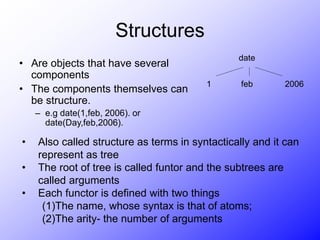 Structures
• Are objects that have several
components
• The components themselves can
be structure.
– e.g date(1,feb, 2006). or
date(Day,feb,2006).
date
1 feb 2006
• Also called structure as terms in syntactically and it can
represent as tree
• The root of tree is called funtor and the subtrees are
called arguments
• Each functor is defined with two things
(1)The name, whose syntax is that of atoms;
(2)The arity- the number of arguments
 