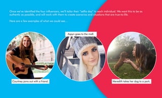 Once we’ve identified the four influencers, we’ll tailor their “selfie day” to each individual. We want this to be as
authentic as possible, and will work with them to create scenarios and situations that are true-to-life.
Here are a few examples of what we could see…
Meredith takes her dog to a park.Courtney jams out with a friend.
Aspyn goes to the mall.
 