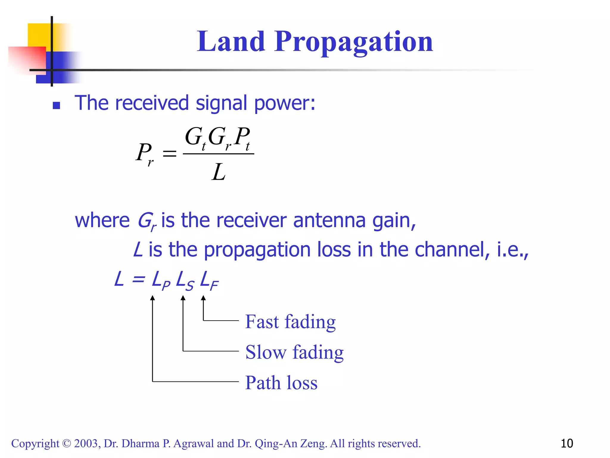 Copyright © 2003, Dr. Dharma P. Agrawal and Dr. Qing-An Zeng. All rights reserved. 10
Land Propagation
 The received signal power:
where Gr is the receiver antenna gain,
L is the propagation loss in the channel, i.e.,
L = LP LS LF
L
P
G
G
P t
r
t
r 
Fast fading
Slow fading
Path loss
 