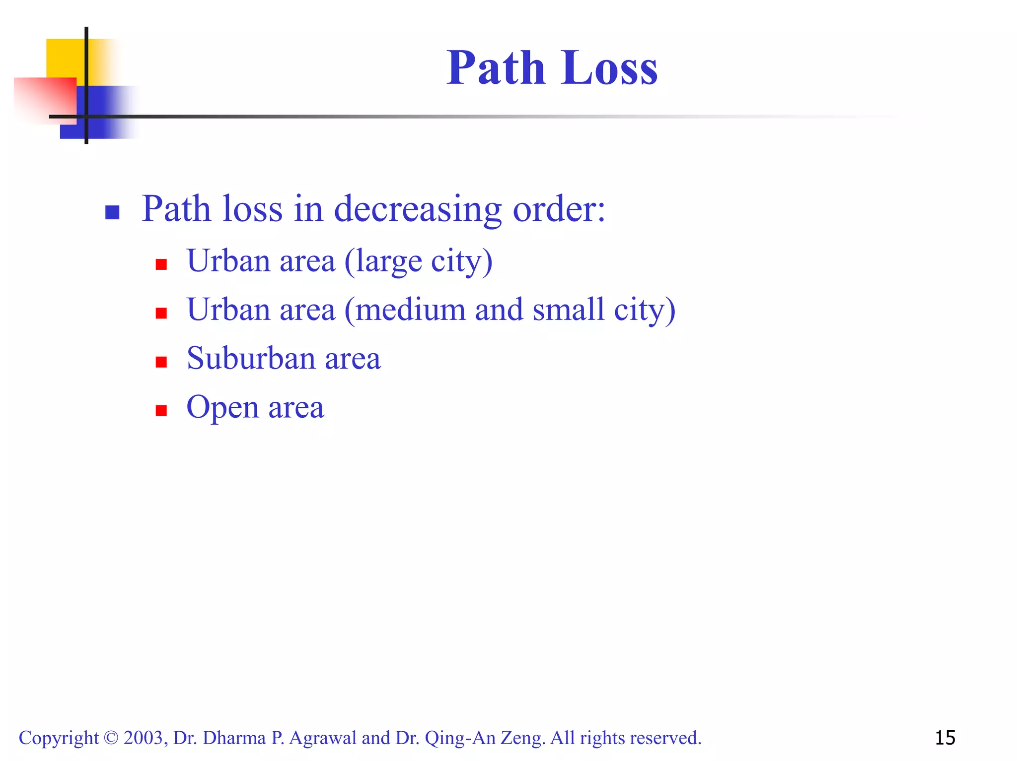 Copyright © 2003, Dr. Dharma P. Agrawal and Dr. Qing-An Zeng. All rights reserved. 15
Path Loss
 Path loss in decreasing order:
 Urban area (large city)
 Urban area (medium and small city)
 Suburban area
 Open area
 