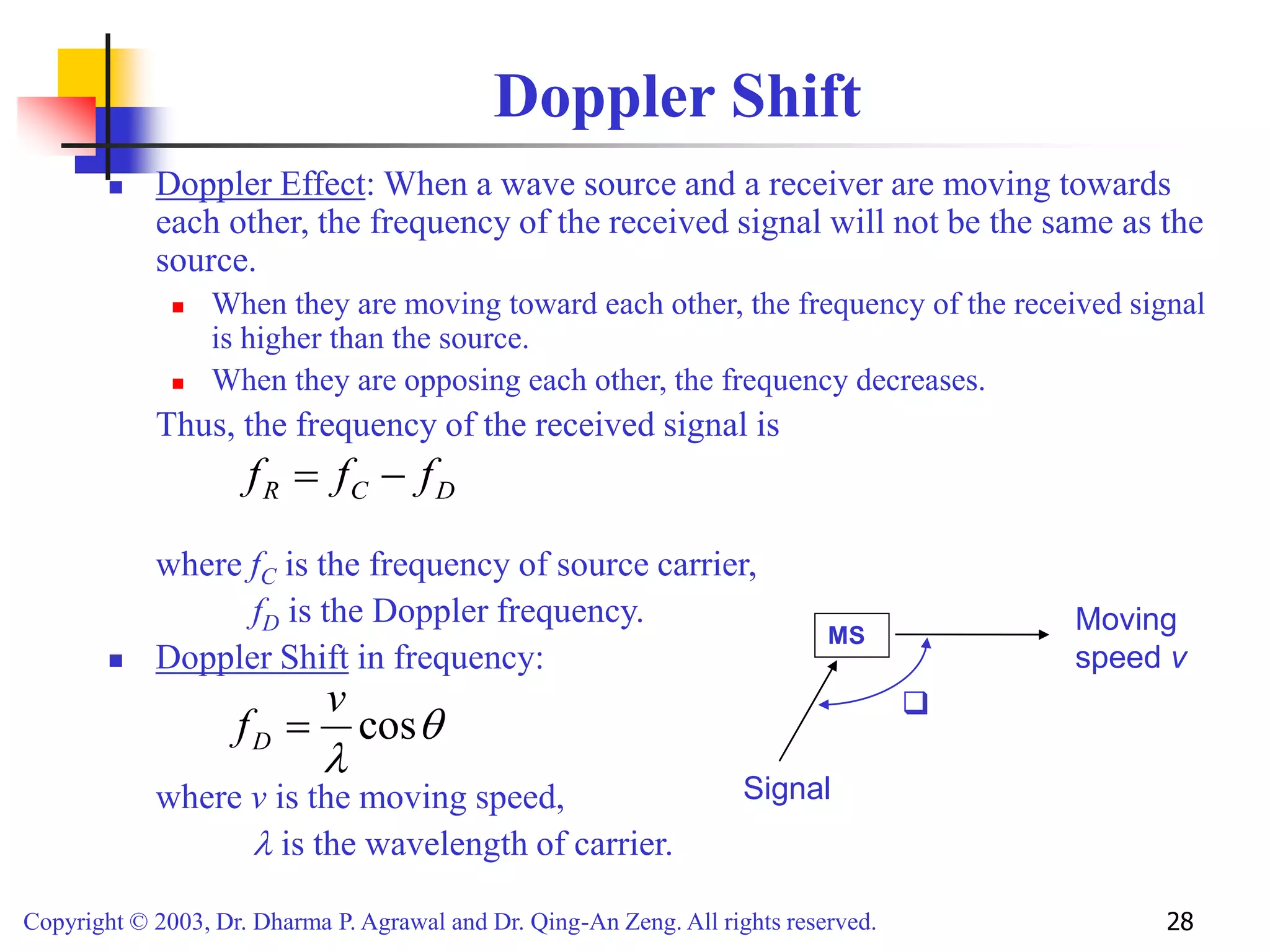 Copyright © 2003, Dr. Dharma P. Agrawal and Dr. Qing-An Zeng. All rights reserved. 28
Doppler Shift
 Doppler Effect: When a wave source and a receiver are moving towards
each other, the frequency of the received signal will not be the same as the
source.
 When they are moving toward each other, the frequency of the received signal
is higher than the source.
 When they are opposing each other, the frequency decreases.
Thus, the frequency of the received signal is
where fC is the frequency of source carrier,
fD is the Doppler frequency.
 Doppler Shift in frequency:
where v is the moving speed,
 is the wavelength of carrier.


cos
v
fD 
D
C
R f
f
f 

MS
Signal
Moving
speed v

 