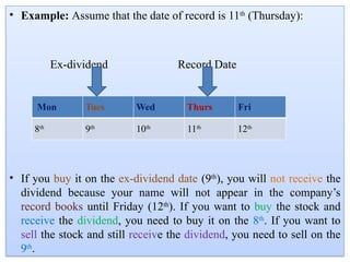 • Example: Assume that the date of record is 11th
(Thursday):
Ex-dividend Record Date
• If you buy it on the ex-dividend date (9th
), you will not receive the
dividend because your name will not appear in the company’s
record books until Friday (12th
). If you want to buy the stock and
receive the dividend, you need to buy it on the 8th
. If you want to
sell the stock and still receive the dividend, you need to sell on the
9th
.
Mon Tues Wed Thurs Fri
8th
9th
10th
11th
12th
 