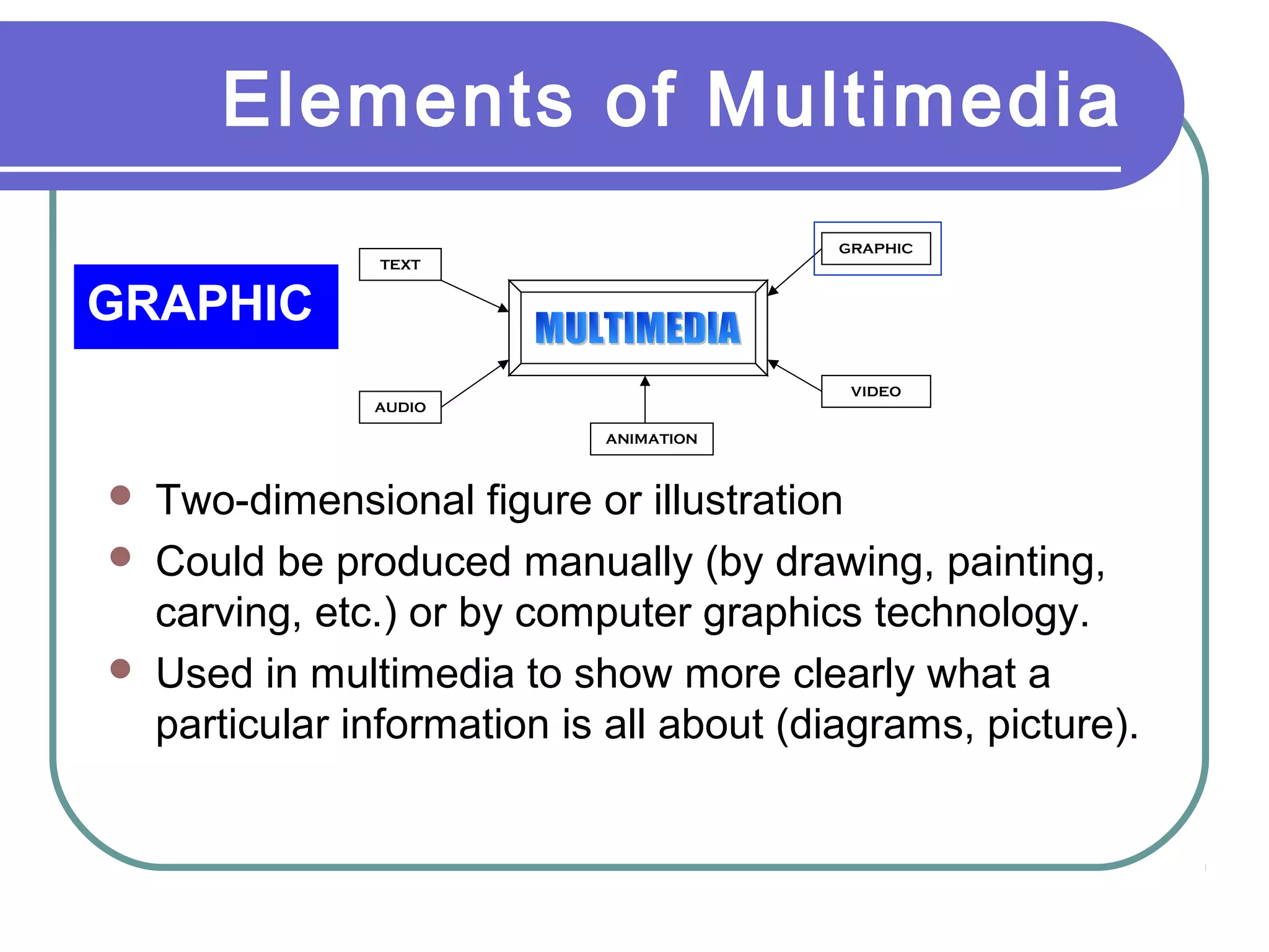 Elements of Multimedia
GRAPHIC
TEXT
AUDIO
GRAPHIC
VIDEO
ANIMATION
 Two-dimensional figure or illustration
 Could be produced manually (by drawing, painting,
carving, etc.) or by computer graphics technology.
 Used in multimedia to show more clearly what a
particular information is all about (diagrams, picture).
 