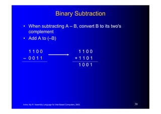Irvine, Kip R. Assembly Language for Intel-Based Computers, 2003. 38
Binary Subtraction
Binary Subtraction
• When subtract...
