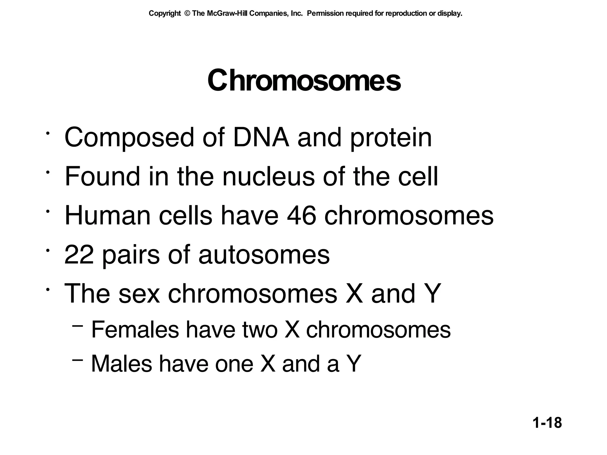 Chromosomes Composed of DNA and protein Found in the nucleus of the cell Human cells have 46 chromosomes 22 pairs of autosomes The sex chromosomes X and Y Females have two X chromosomes Males have one X and a Y   