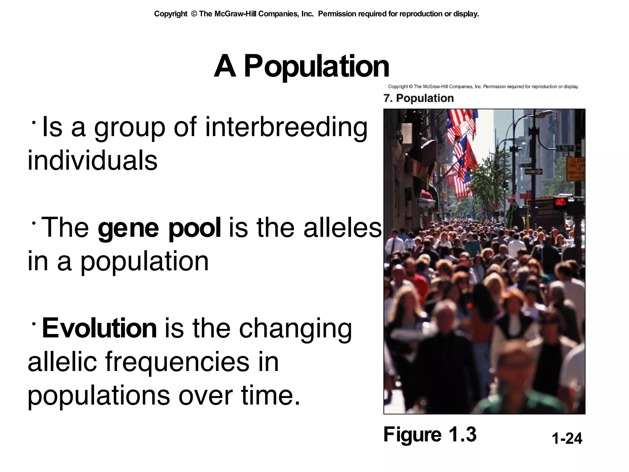 A Population Is a group of interbreeding individuals  The  gene pool  is the alleles in a population Evolution  is the changing allelic frequencies in populations over time.   Figure 1.3 