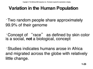 Two random people share approximately 99.9% of their genome Concept of “race” as defined by skin color is a social,  not  a biological, concept Studies indicates humans arose in Africa and migrated across the globe with relatively little change. Variation in the Human Population 