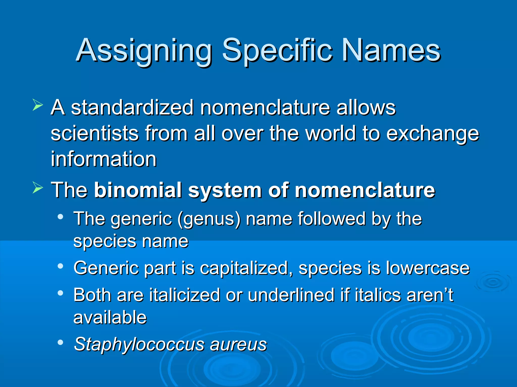Assigning Specific Names
A standardized nomenclature allows
scientists from all over the world to exchange
information
 The binomial system of nomenclature









The generic (genus) name followed by the
species name
Generic part is capitalized, species is lowercase
Both are italicized or underlined if italics aren’t
available
Staphylococcus aureus

 