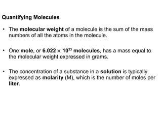 Quantifying Molecules The  molecular weight  of a molecule is the sum of the mass numbers of all the atoms in the molecule. One  mole , or  6.022    10 23  molecules , has a mass equal to the molecular weight expressed in grams. The concentration of a substance in a  solution  is typically expressed as  molarity  (M), which is the number of moles per  liter . 