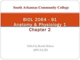 Edited by Brenda Holmes MSN/Ed, RN BIOL 2064 - 91 Anatomy & Physiology 1 Chapter 2 South Arkansas Community College 